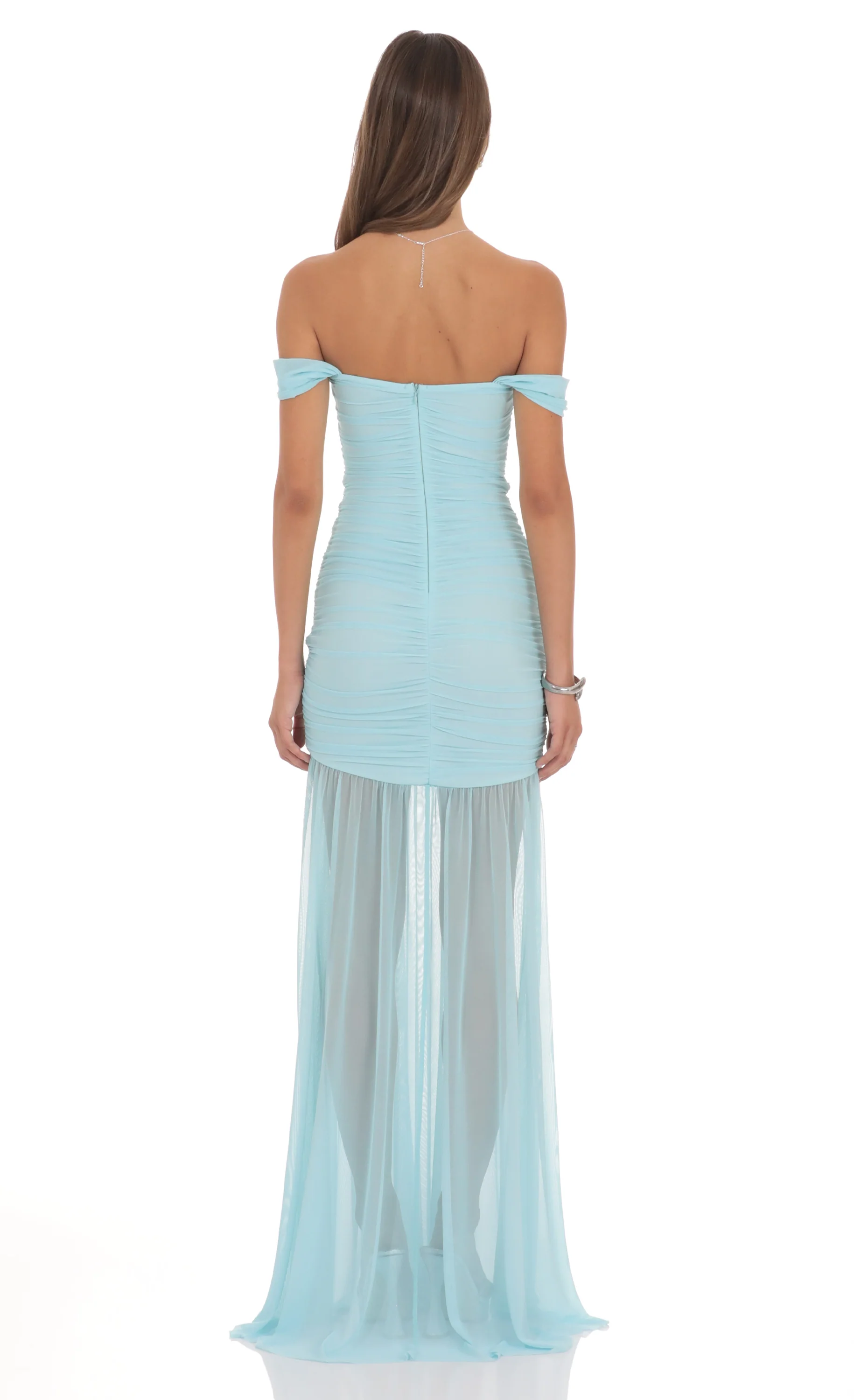Mesh Off Shoulder Ruched Maxi Dress in Blue