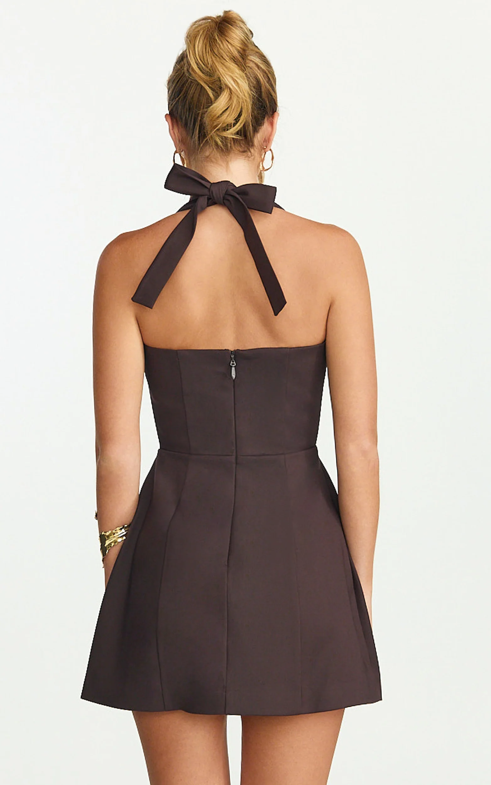 Dante Mini Dress - Halter Neck Tie Tulip Skirt Dress in Chocolate