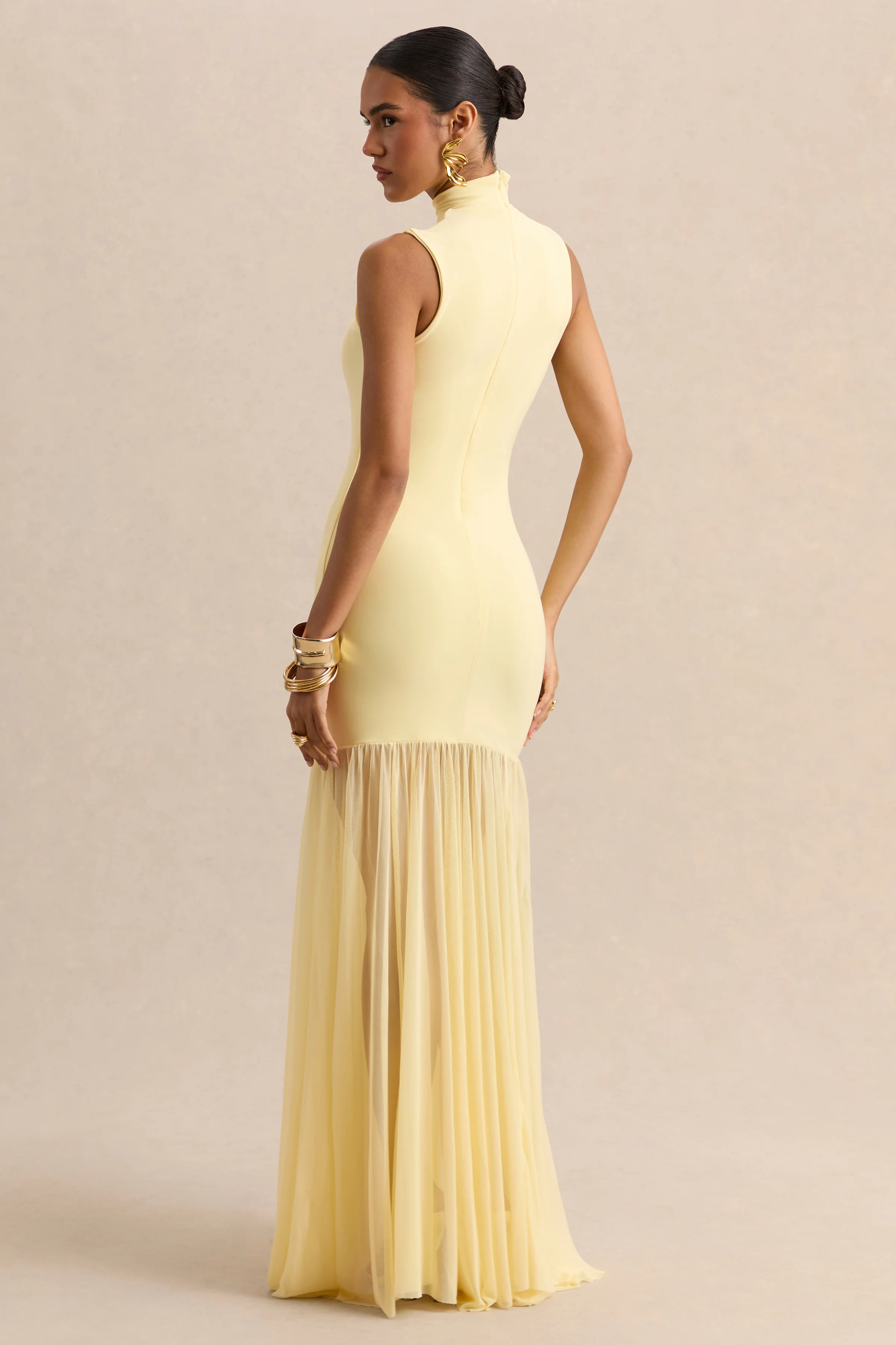 Felina | Lemon High-Neck Maxi Dress With Sheer-Skirt