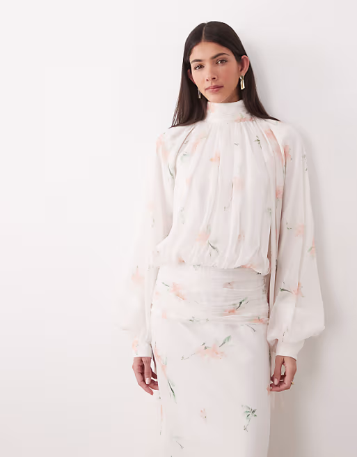 high neck draped chiffon maxi dress with neck tie in pink floral print