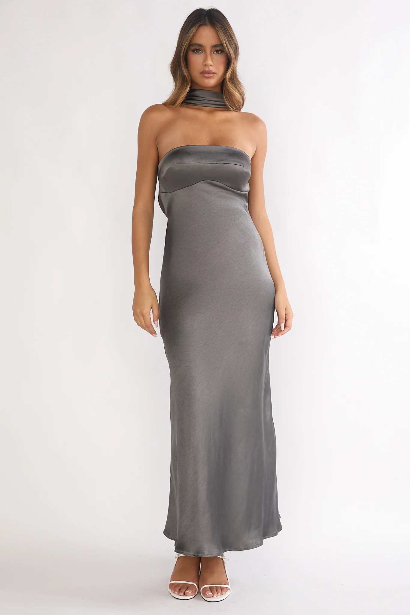 Damsel Reverse Halter Maxi Dress Satin Charcoal