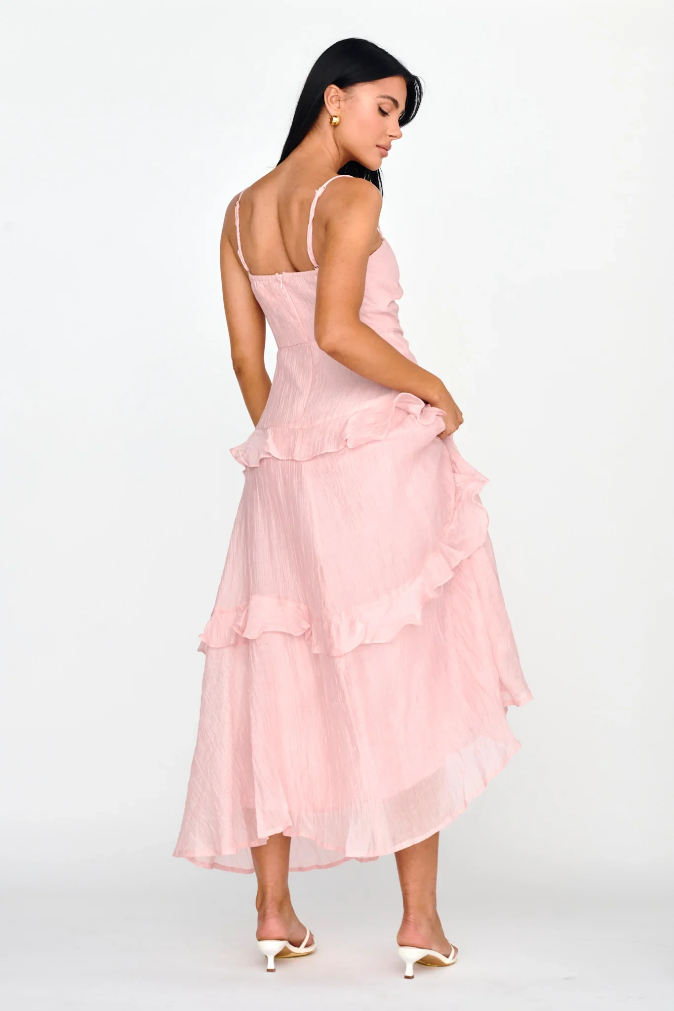 Rise & Glow Frill Trim Textured Midi Dress Blush