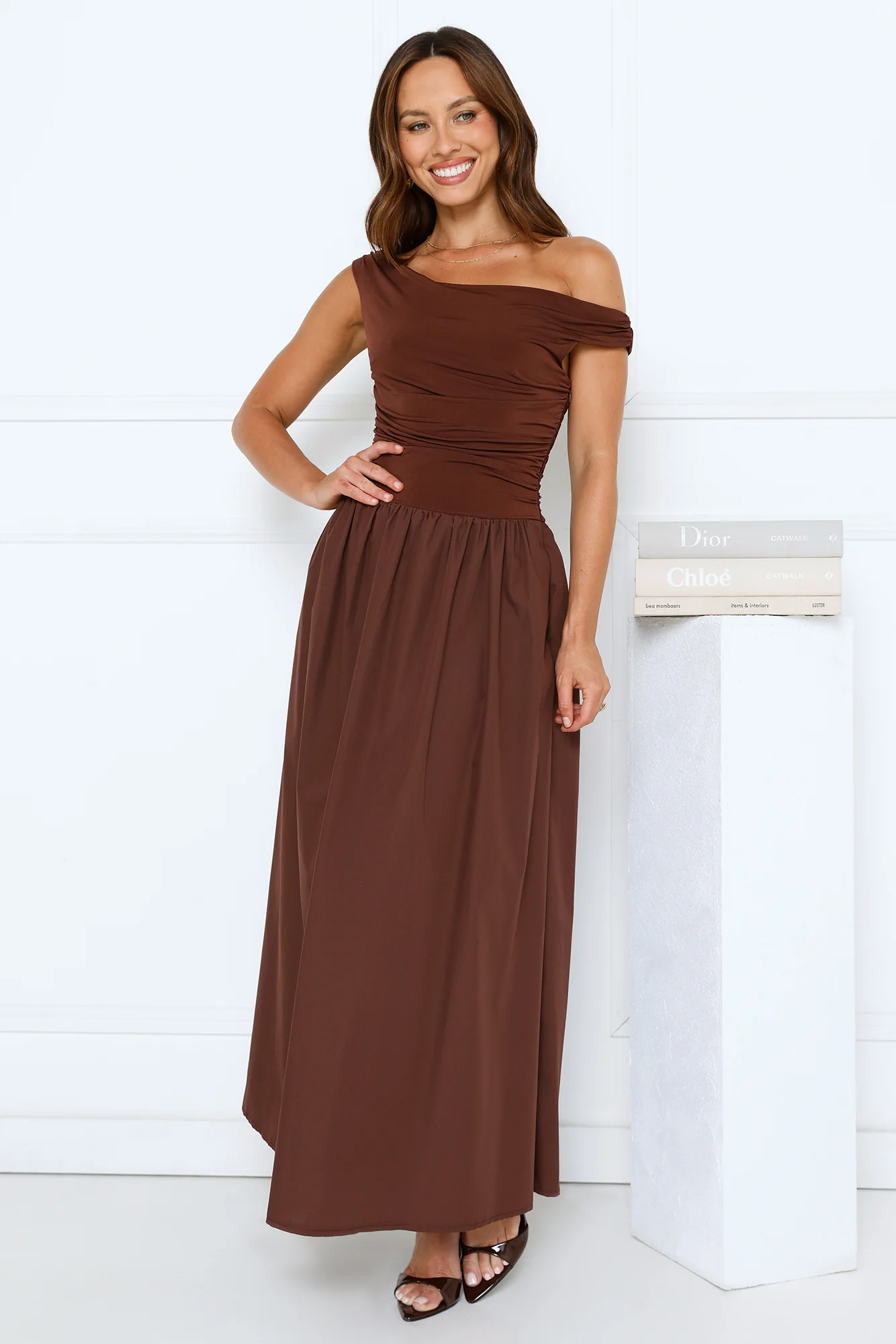 Camellia Charm Off Shoulder Maxi Dress Brown