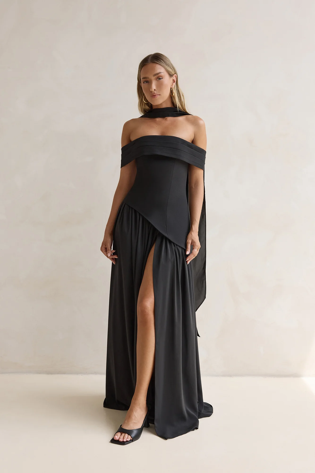 Midnight Elegance Off Shoulder Maxi Dress Black