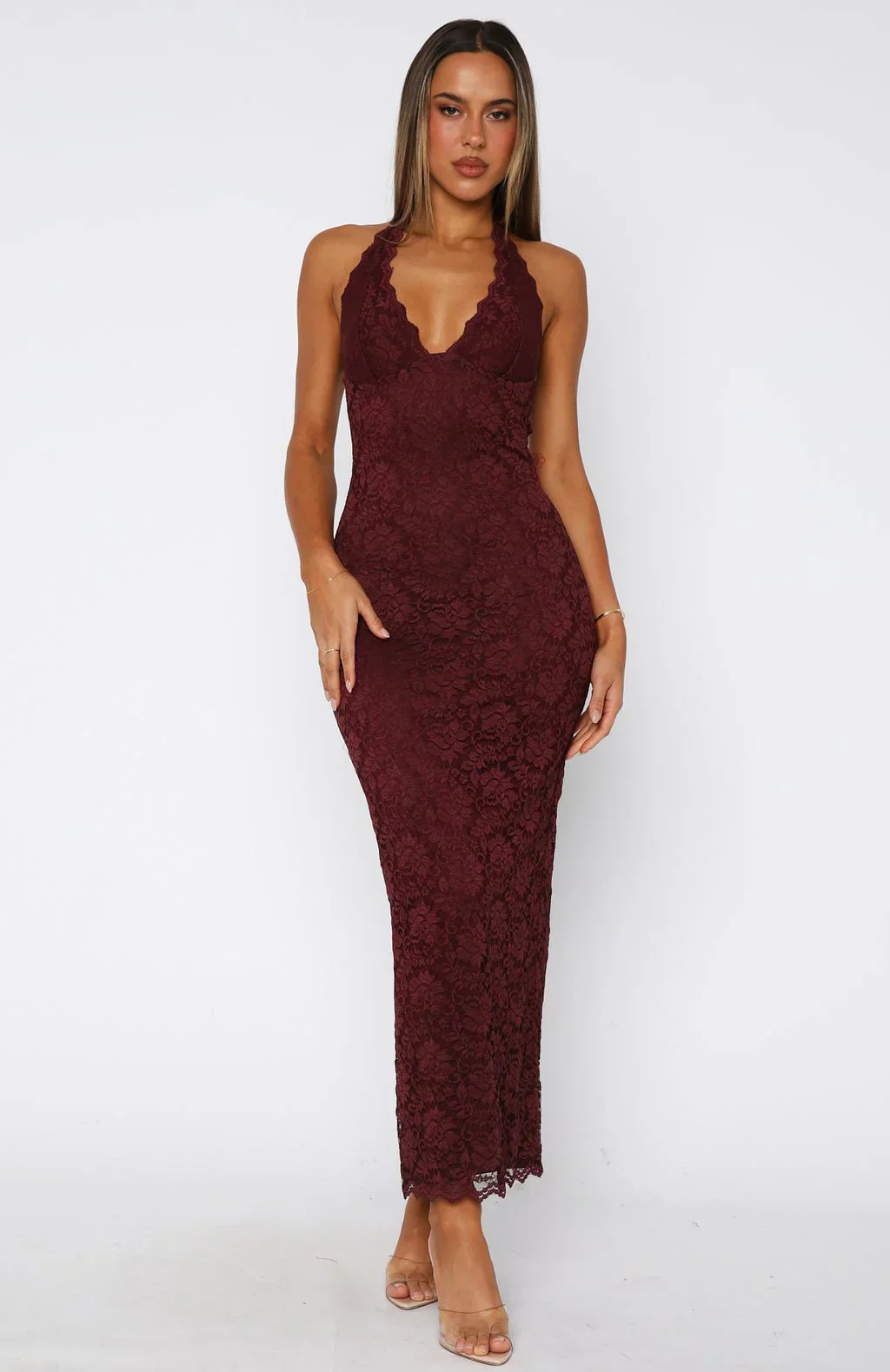 Destiny Lace Maxi Dress Burgundy