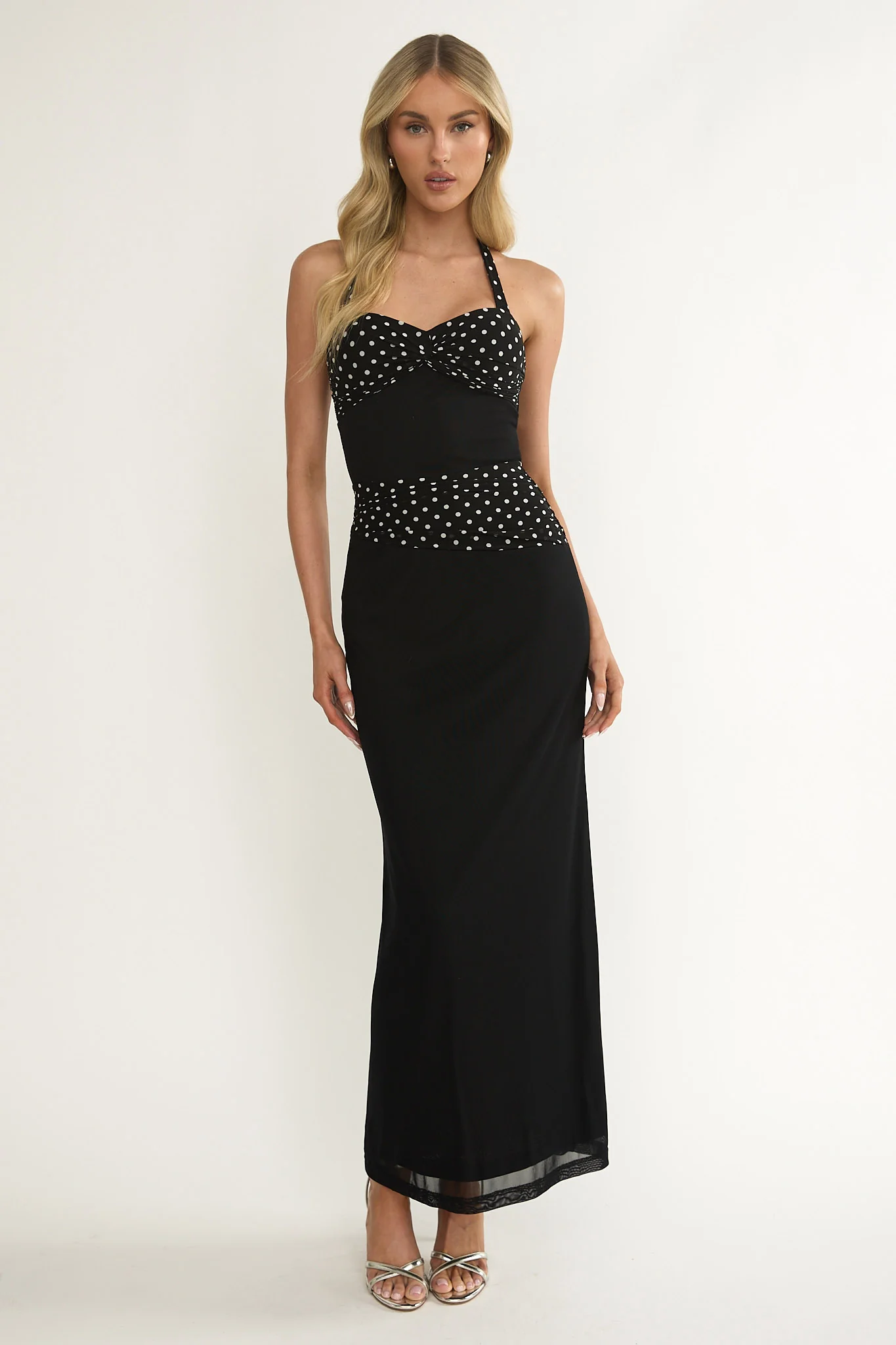 Swan Halterneck Ruched Waist Maxi Dress Black