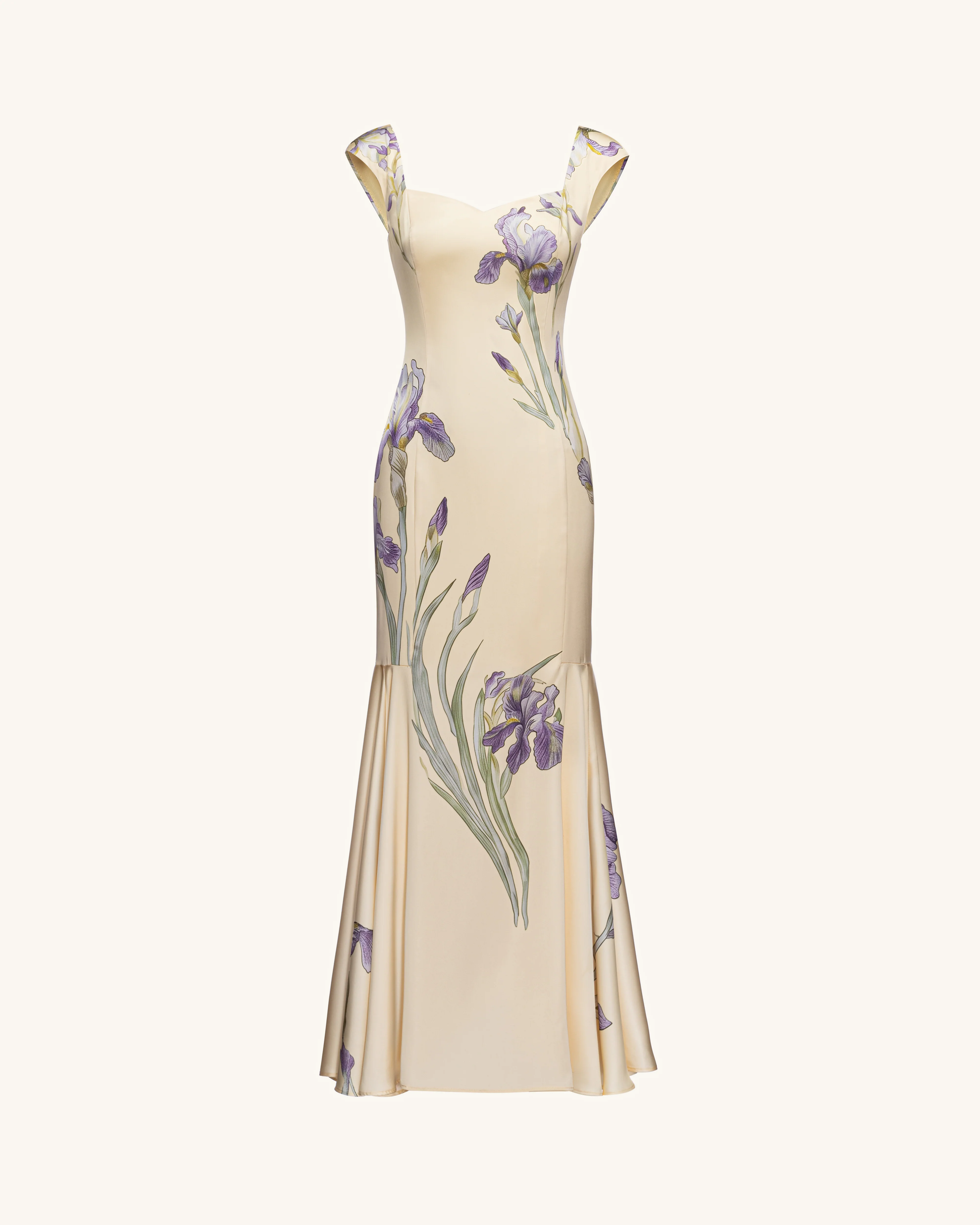 Iris Print Satin Mermaid Maxi Dress - Soft Yellow - FASHION NOB
