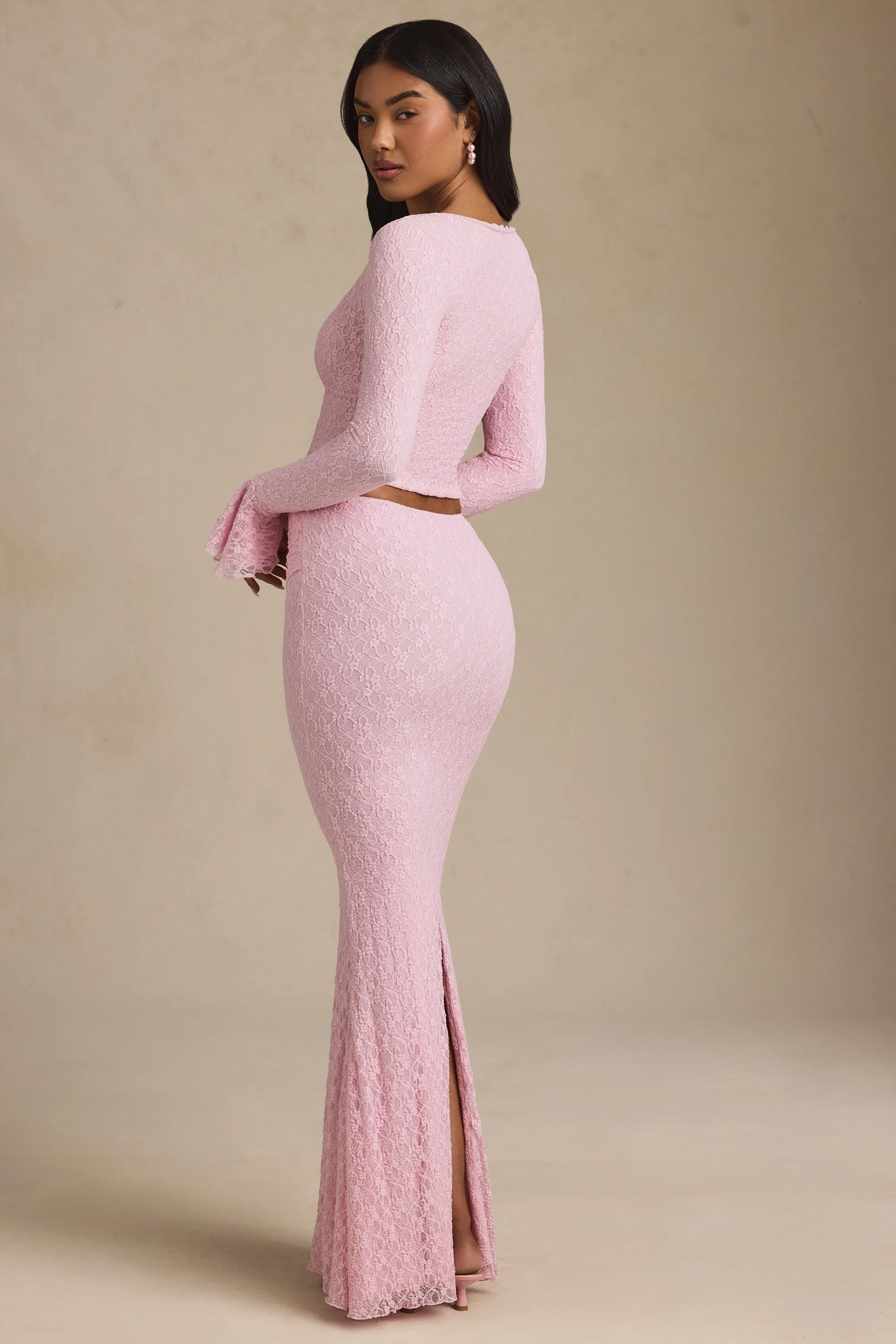 Draped Low-Rise Lace Maxi Skirt in Soft Pink
