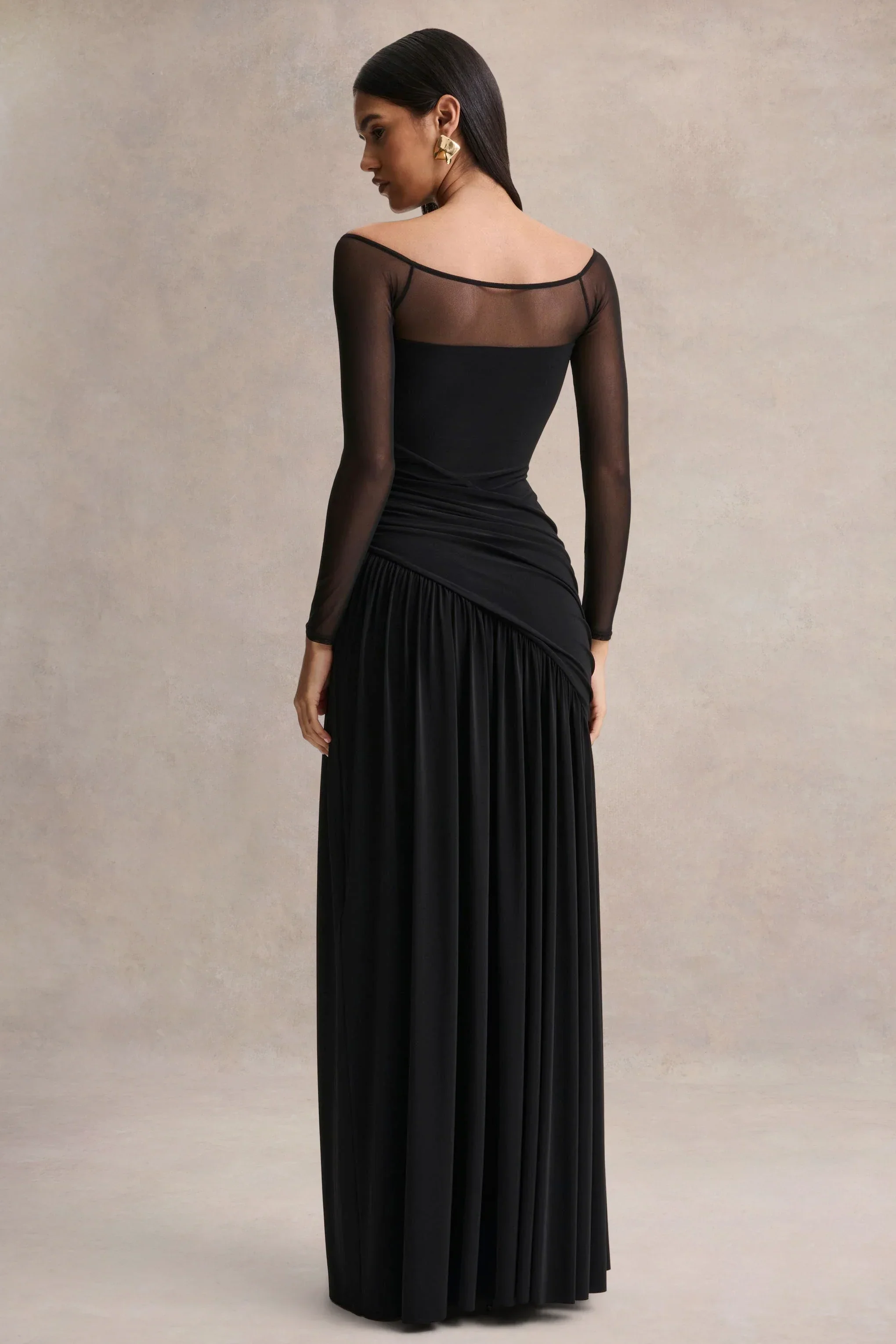 Bexley | Black Bardot-Neck Draped Maxi Dress With Long Mesh-Sleeves