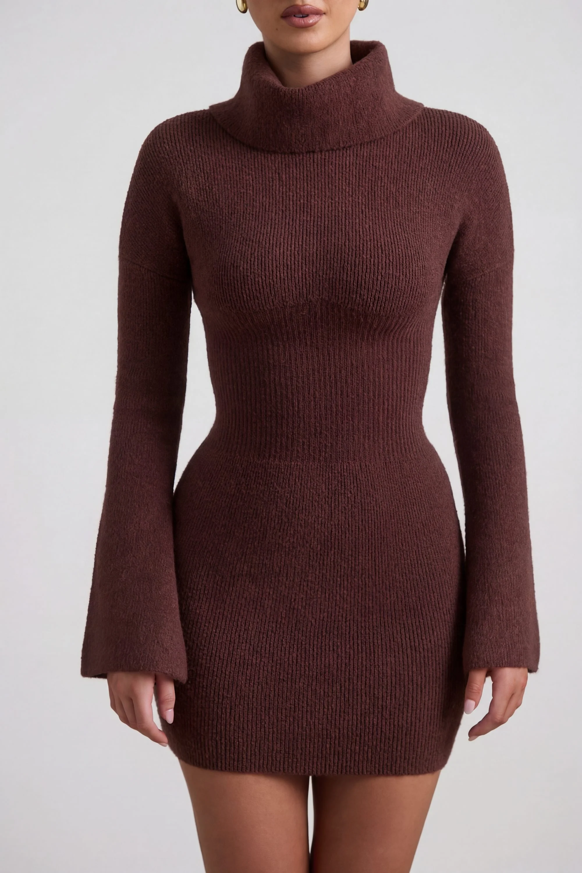 Ribbed-Knit Turtleneck Mini Jumper Dress in Espresso