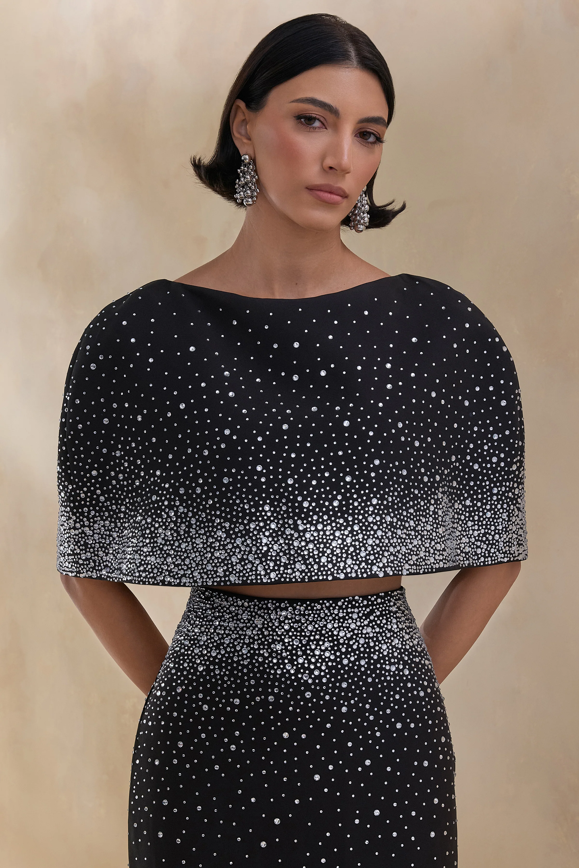 Luxy | Black Embellished Boat-Neck Crop-Top With Cape-Sleeves