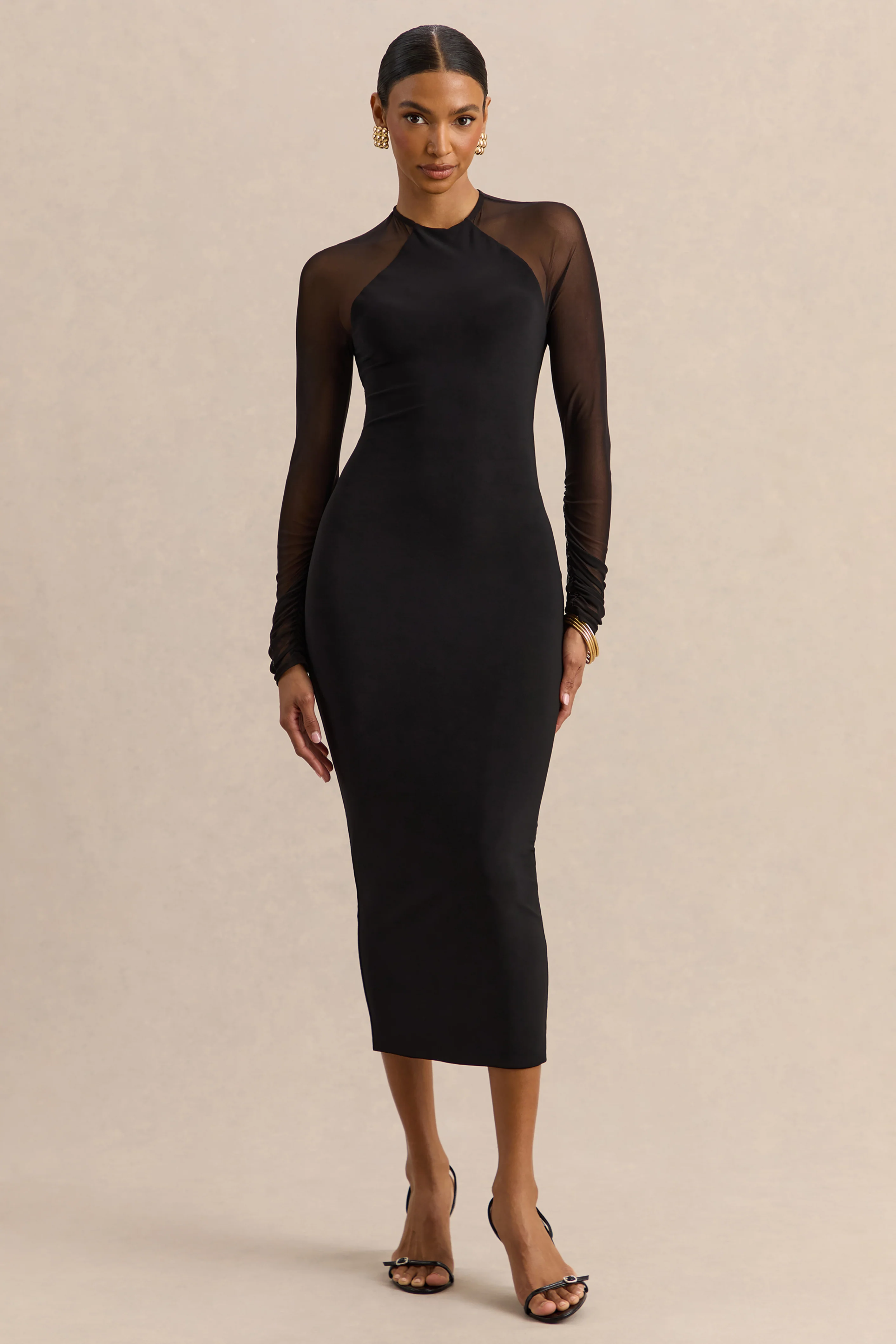 Aurevia | Black Crew-Neck Midi Dress With Long Mesh-Sleeves