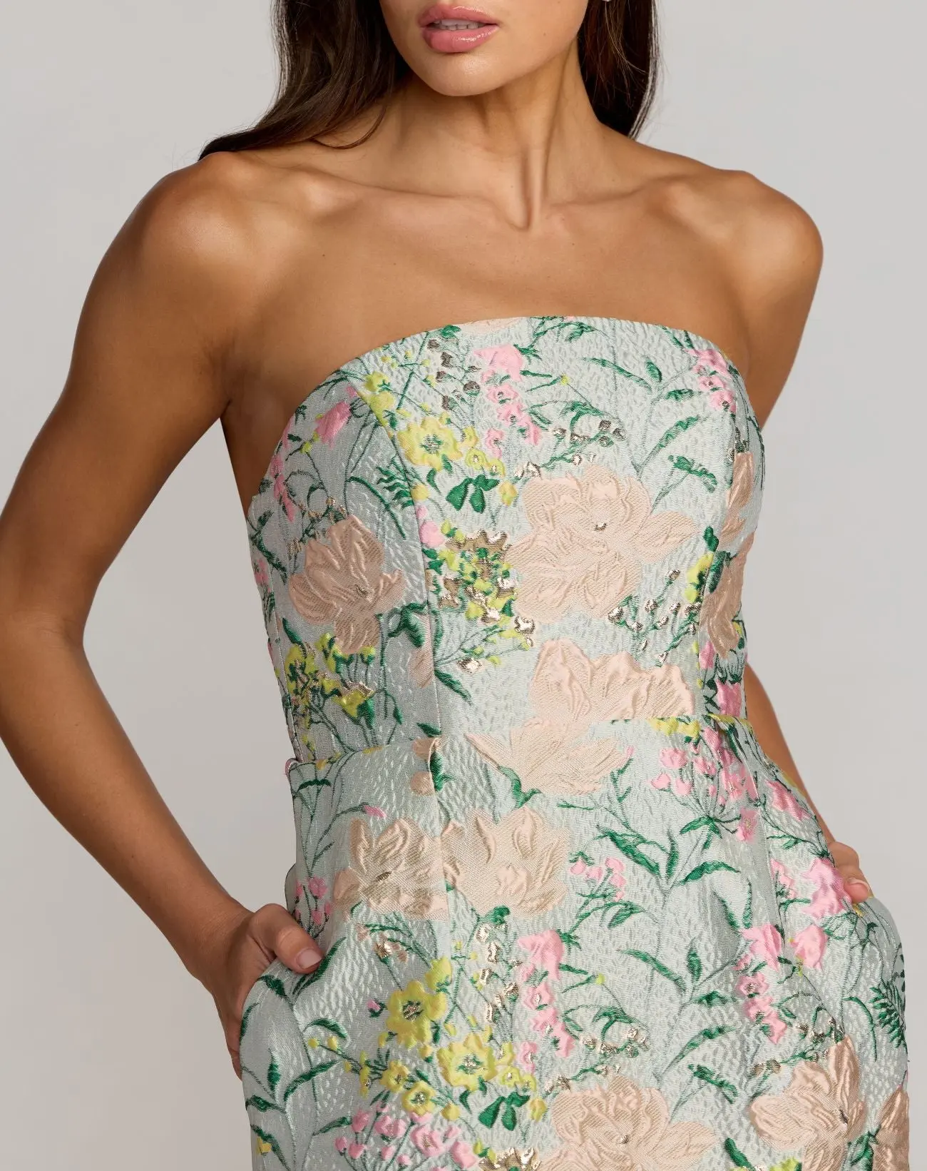 Multicolor Strapless Brocade Midi Dress With Pockets