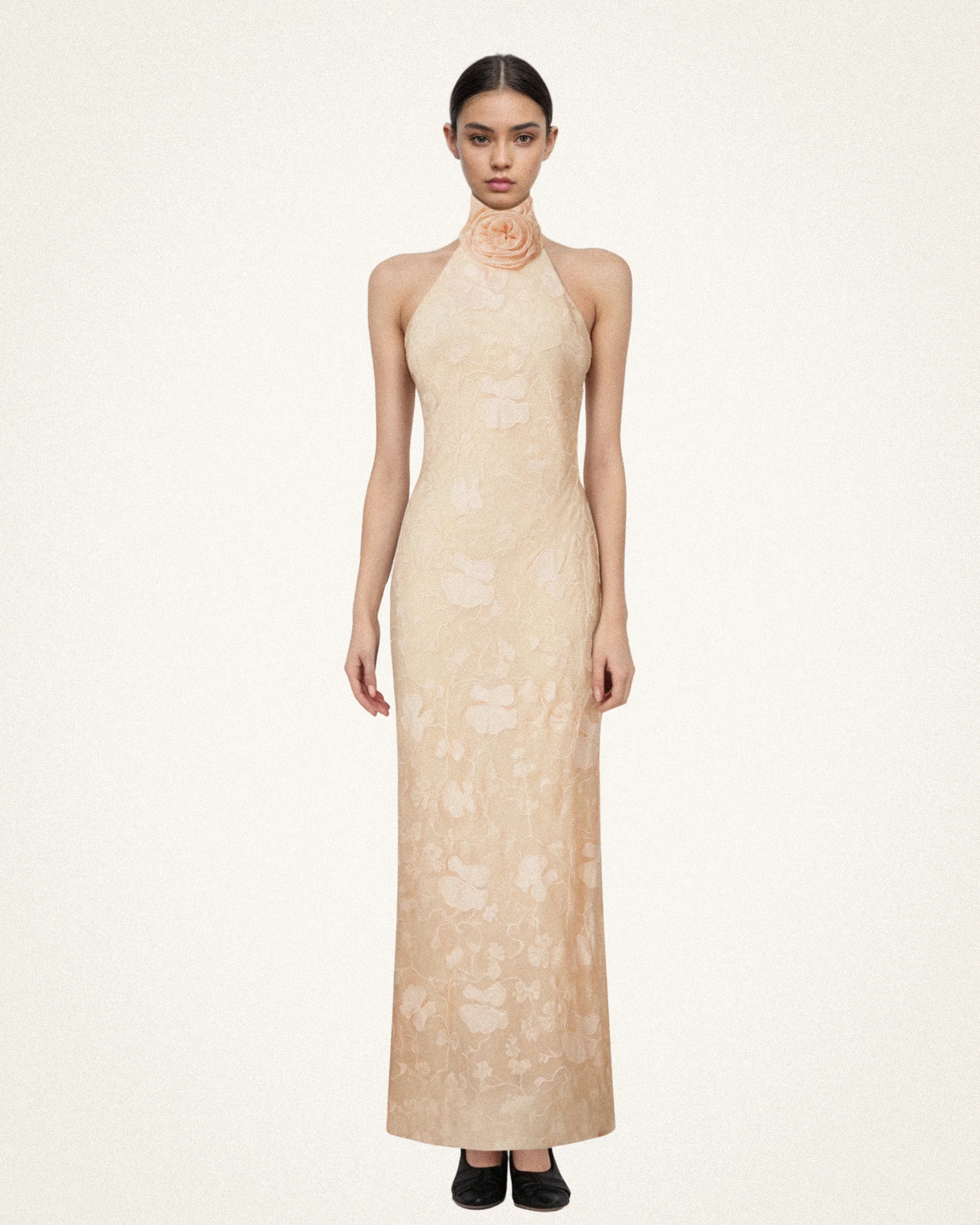 Uliana Pink Beige Floral Lace Halterneck Maxi Dress - Pink Beige
