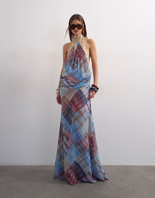 Topshop halterneck tucked side maxi dress in check and polka dot