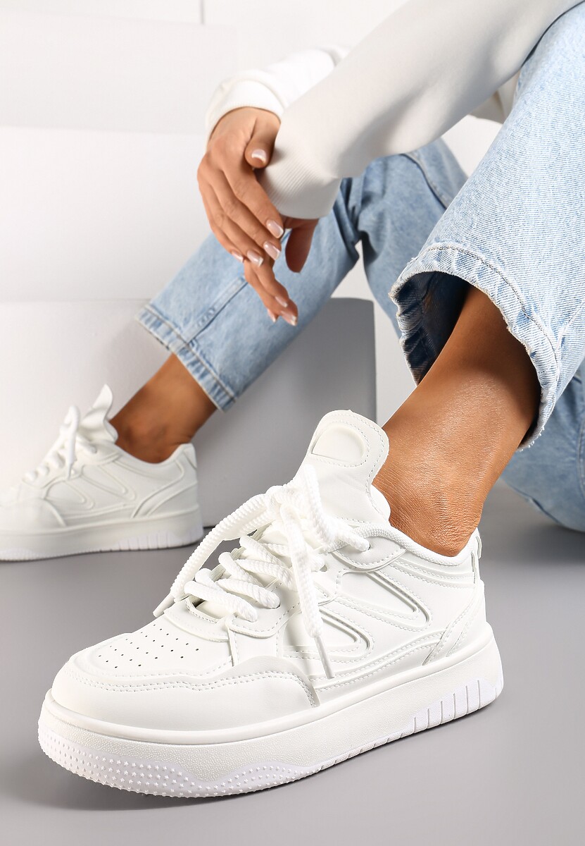 Biało-Beżowe Sneakersy przed Kostkę na Platformie z Wstawkami Losia