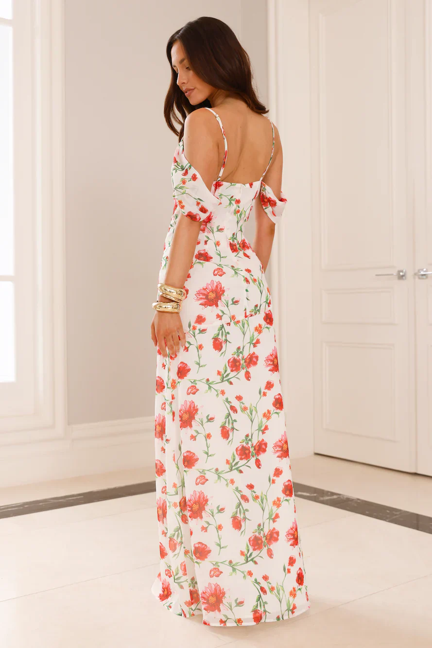 Rose Reverie Off Shoulder Maxi Dress White