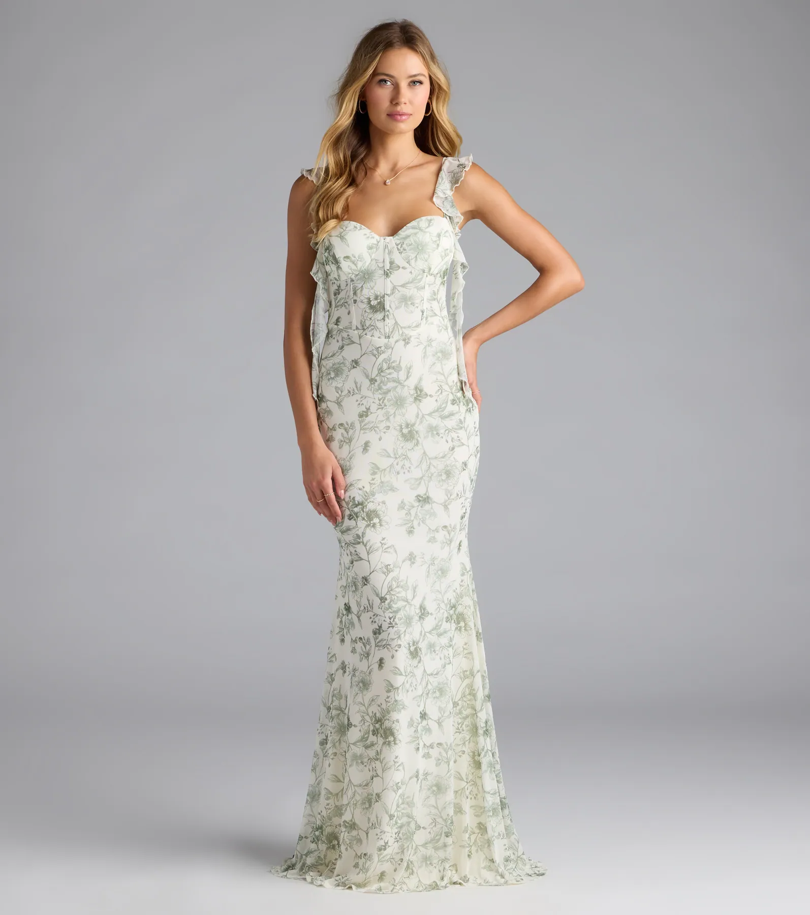 Melita Ruffle Mermaid Floral Mesh Formal Dress