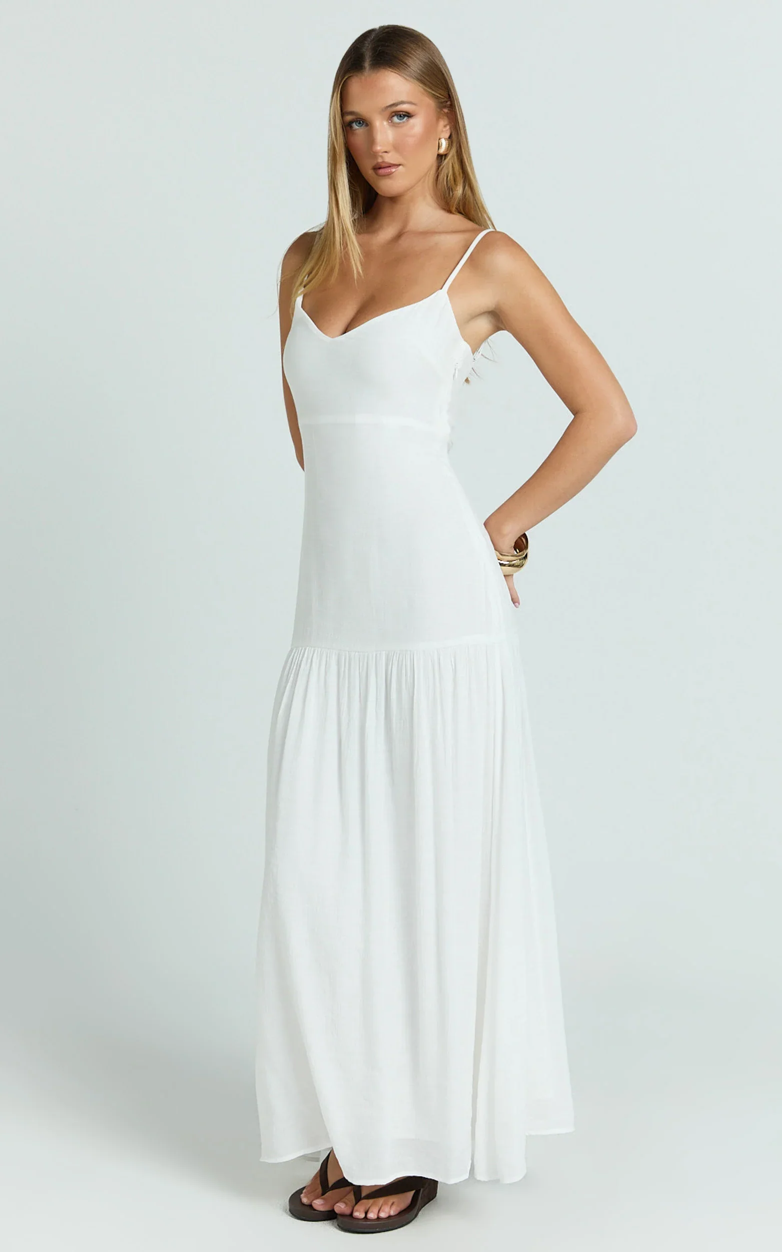 Collins Maxi Dress - V Neck Dropped Waist Gathered Maxi Dress in Off White