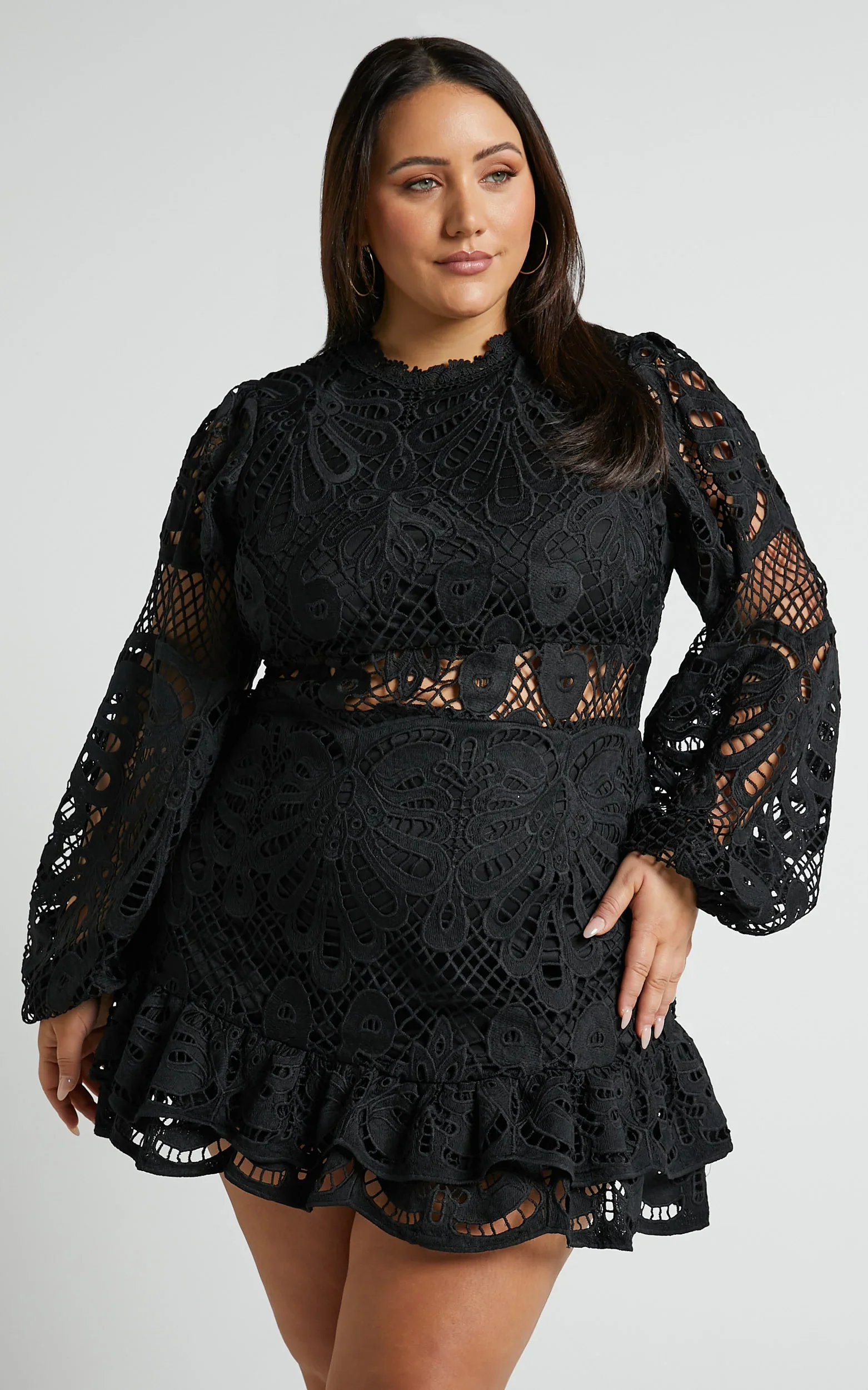 Kiss Me Now Mini Dress - Long Puff Sleeve Dress in Black Lace