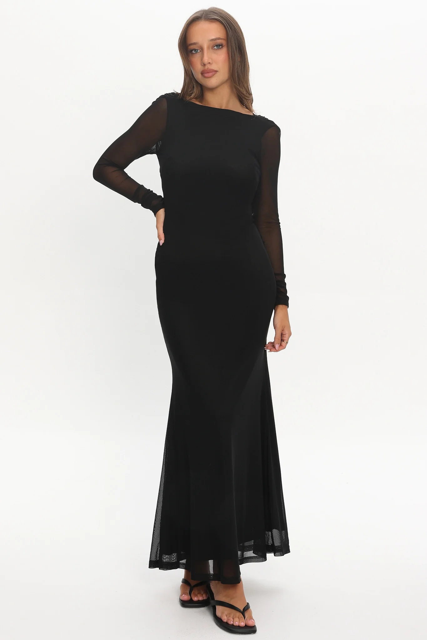 Lustre Open Back Mesh Maxi Dress Black