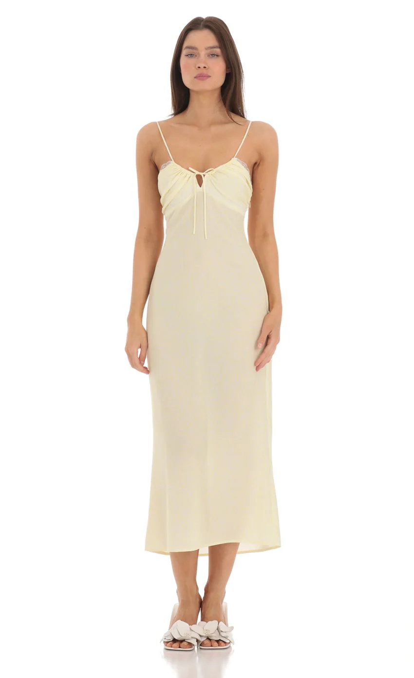 Lace Trim Front Tie Midi Dress in Yellow - luluinthesky