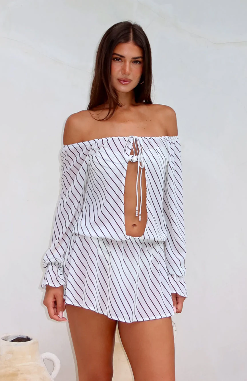 Back To Shore Long Sleeve Mini Dress Cream/Choc Stripe