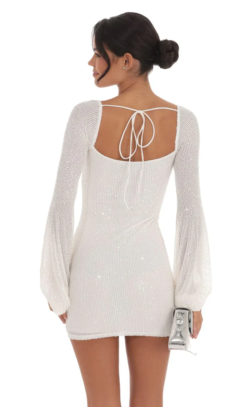 Sequin Balloon Sleeve Dress in White