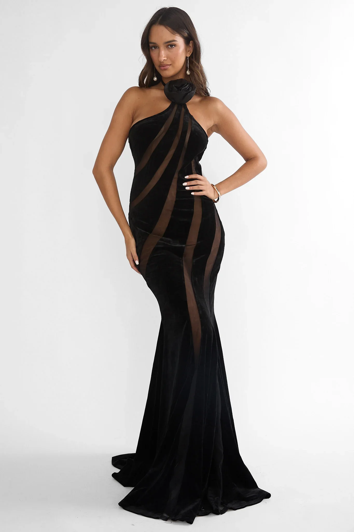 Azelia Velvet Mesh Maxi Dress Black