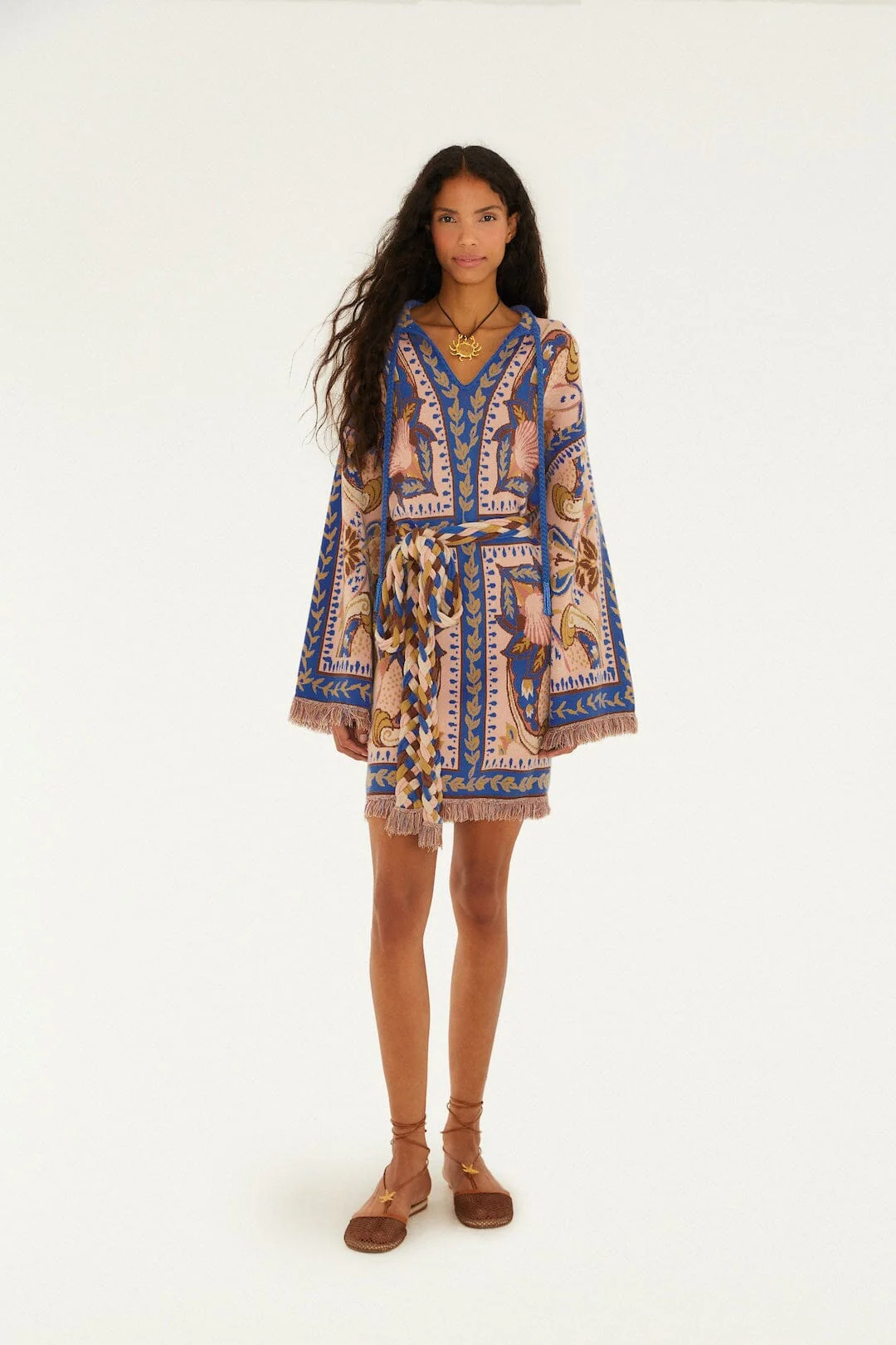 Blue Sea Garden Scarf Tassels Knit Mini Dress