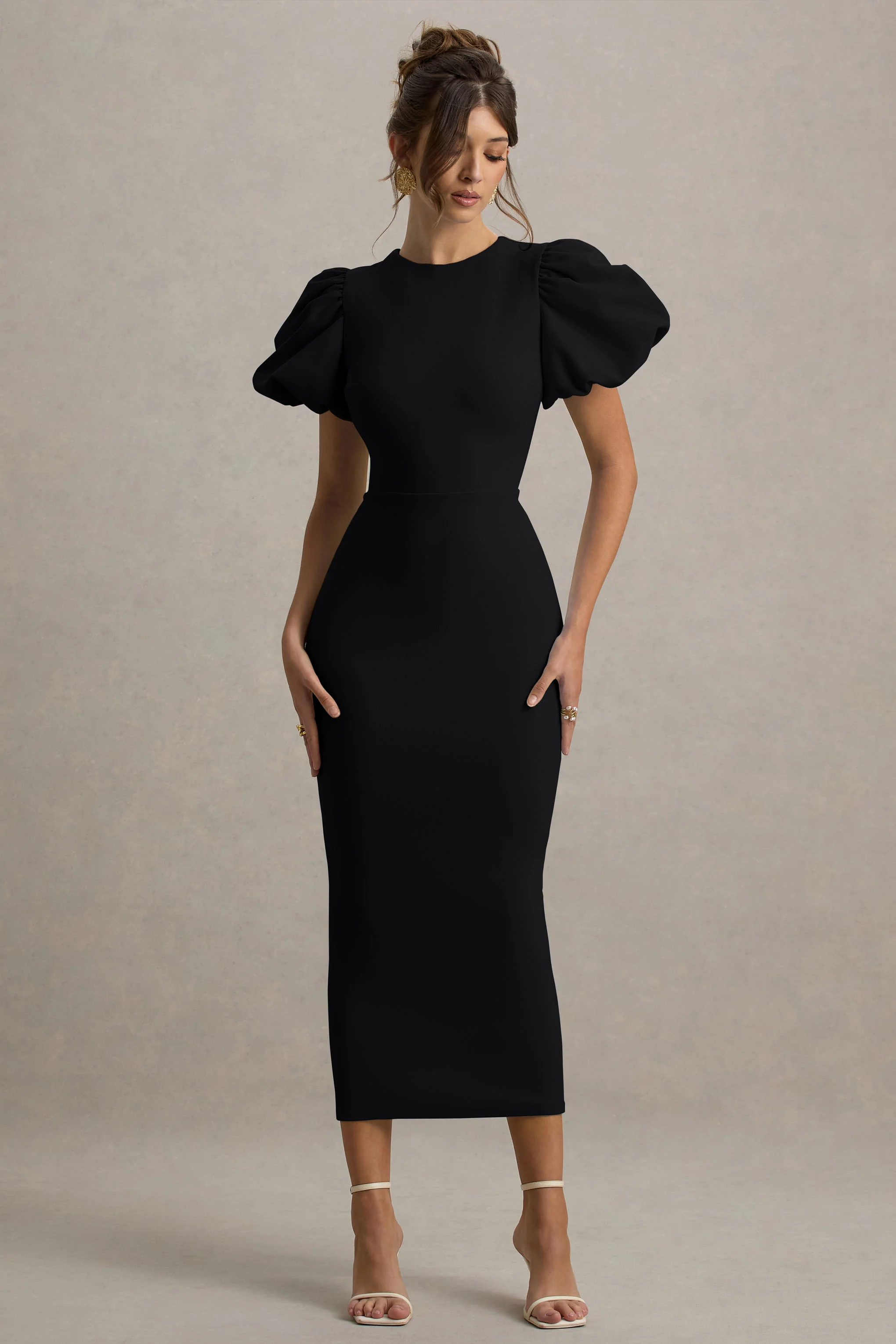 Dakota | Black Puff-Sleeve Midi Dress