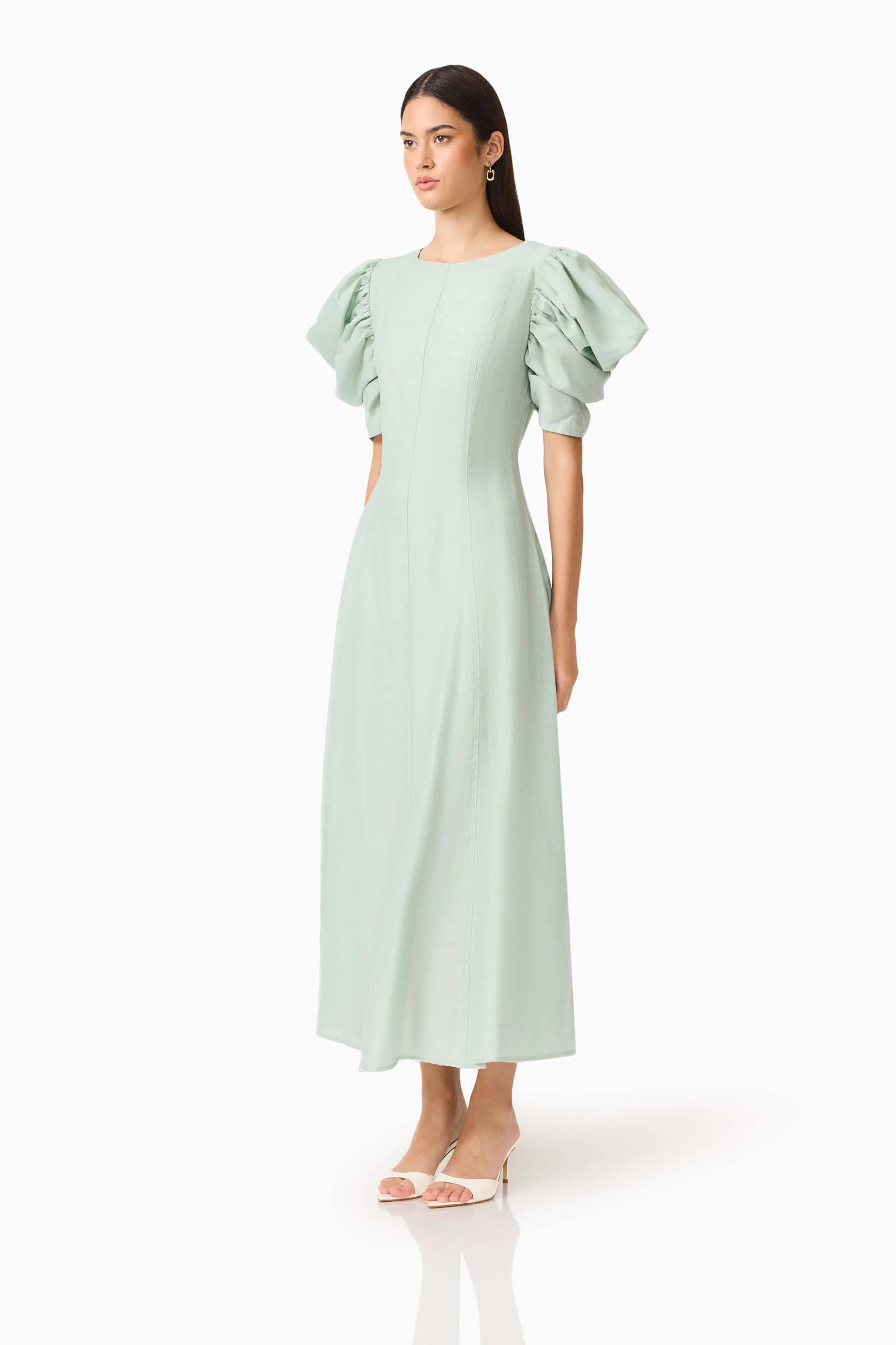 CURAAE Isaline Puff Sleeve Midi Dress in Sage Green