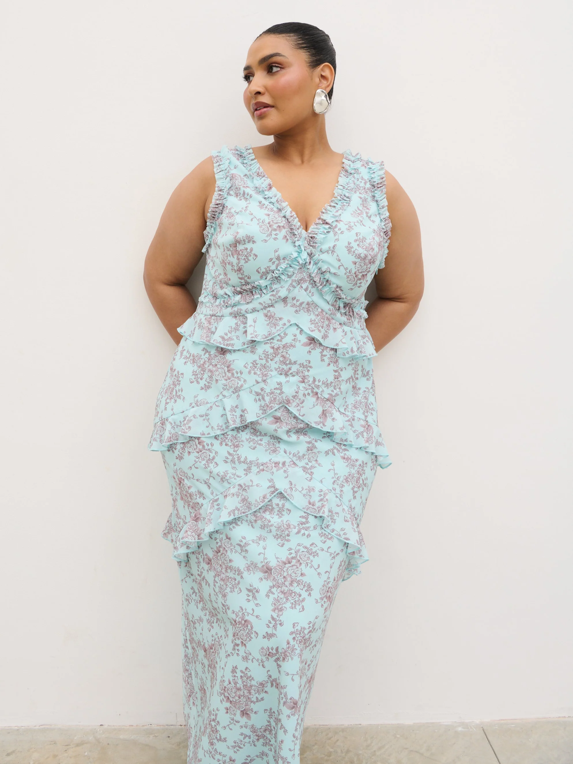 Aurelia Ruffle Maxi Dress Curve - Seaspray and Brown Floral