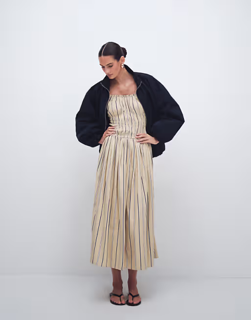 shirred cotton poplin maxi sundress with dropped waist in stripe