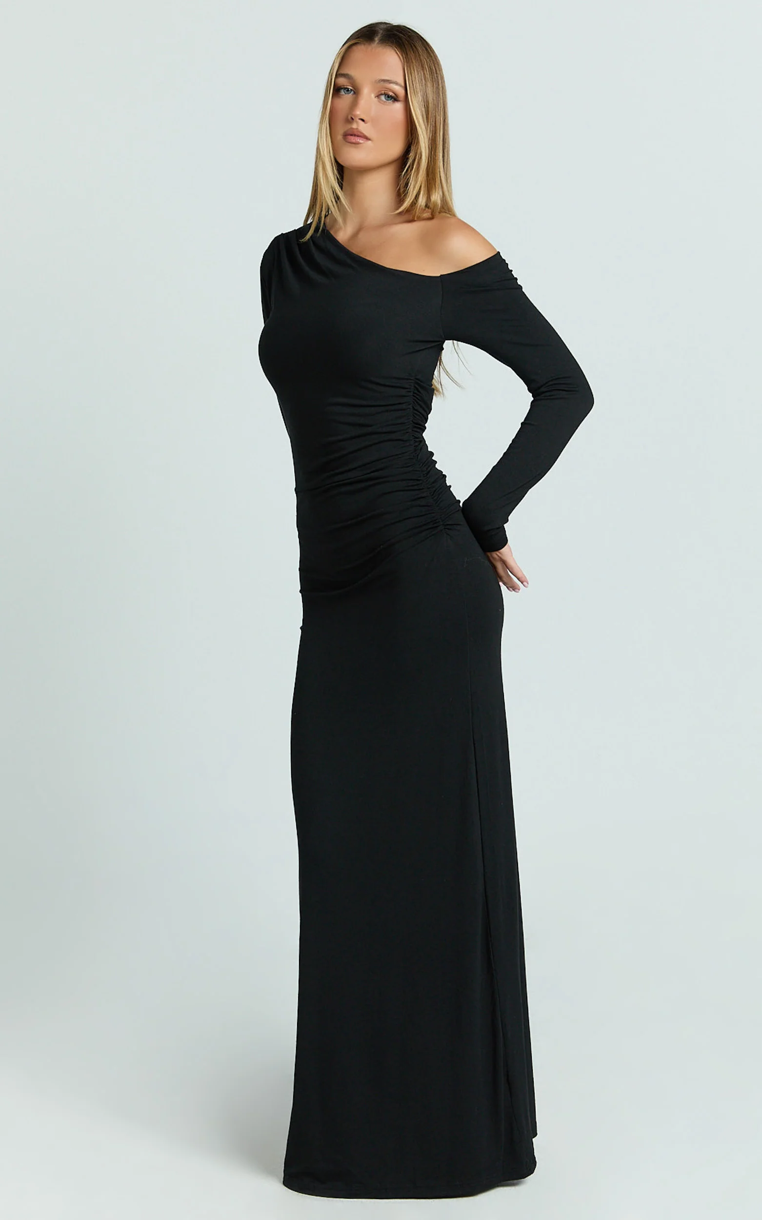 Milly Maxi Dress - Asymmetrical Off Shoulder Long Sleeve Side Ruching Maxi Dress in Black