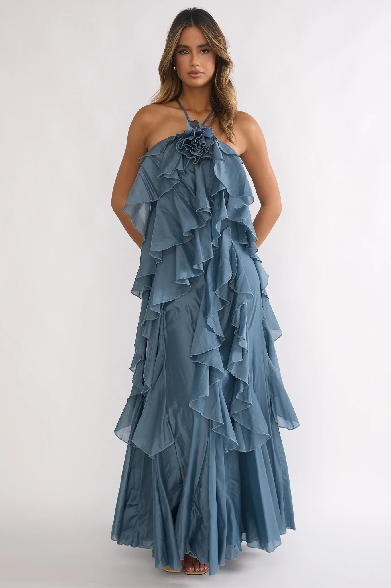 Oceara Ruffle Trim Spaghetti Strap Maxi Dress Slate Blue - luluinthesky