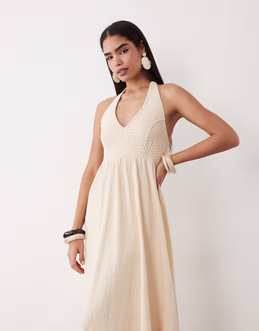 crochet halter midi dress in neutral