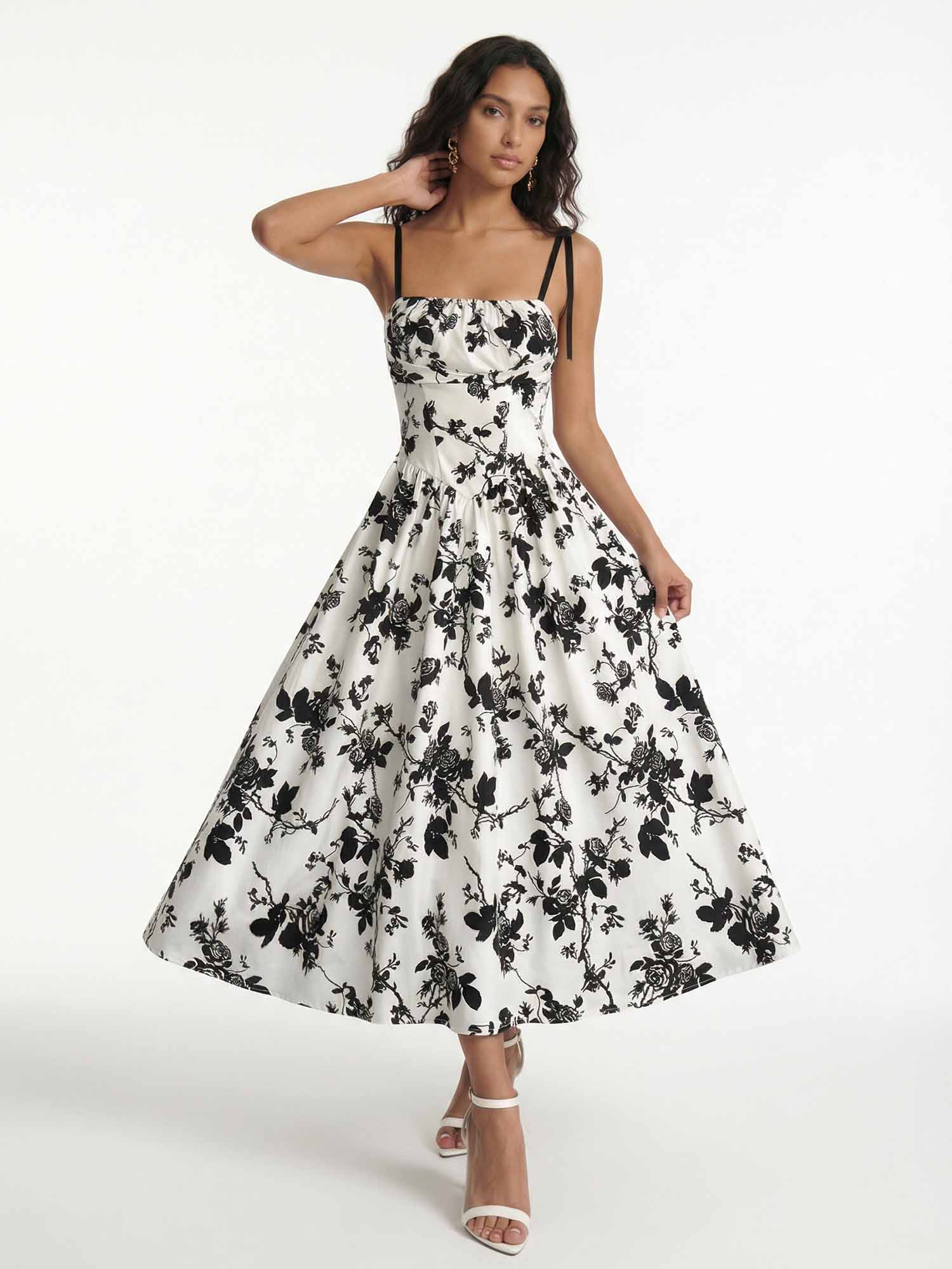 Monochrome Bloom Midi Dress