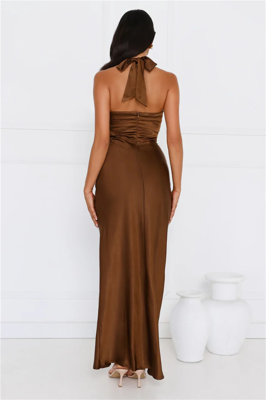 Ambiance Of The Night Halter Satin Maxi Dress Brown