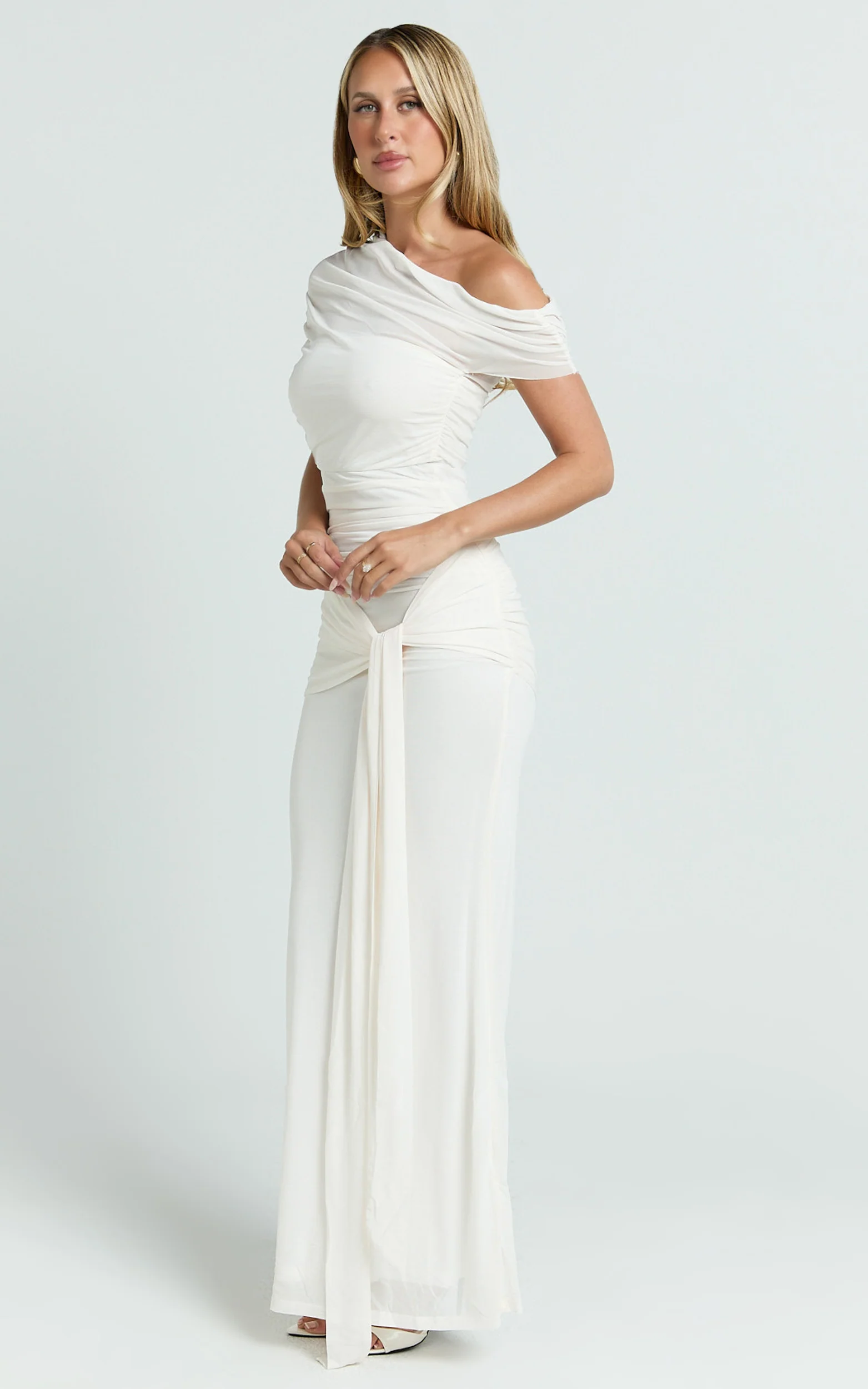 Nicolette Maxi Dress - Cape Sleeve Off Shoulder Dress in Cream