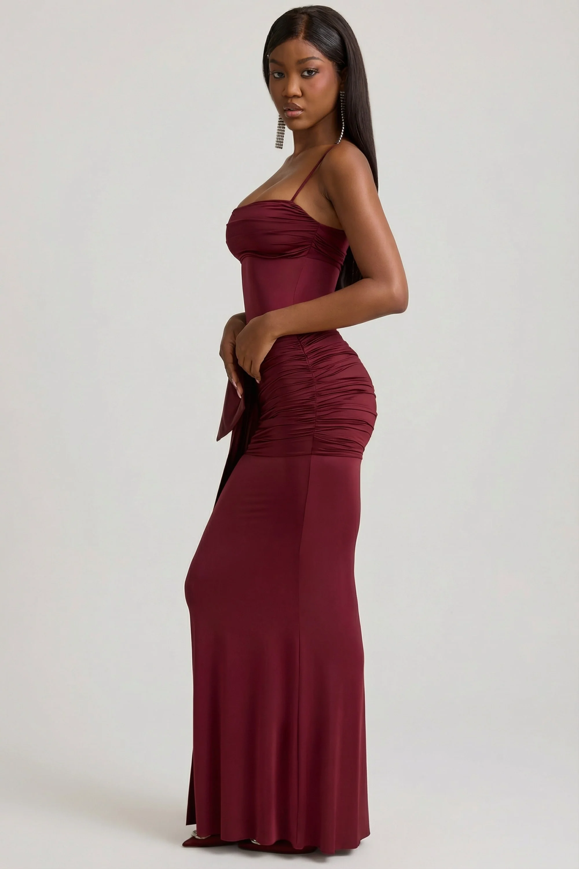 Bow-Detail Ruched Maxi Dress in Wine Red