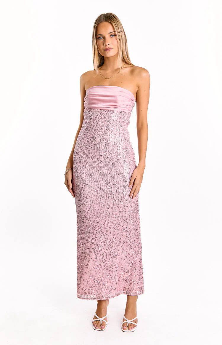 Alliana Pink Sequin Strapless Formal Maxi Dress