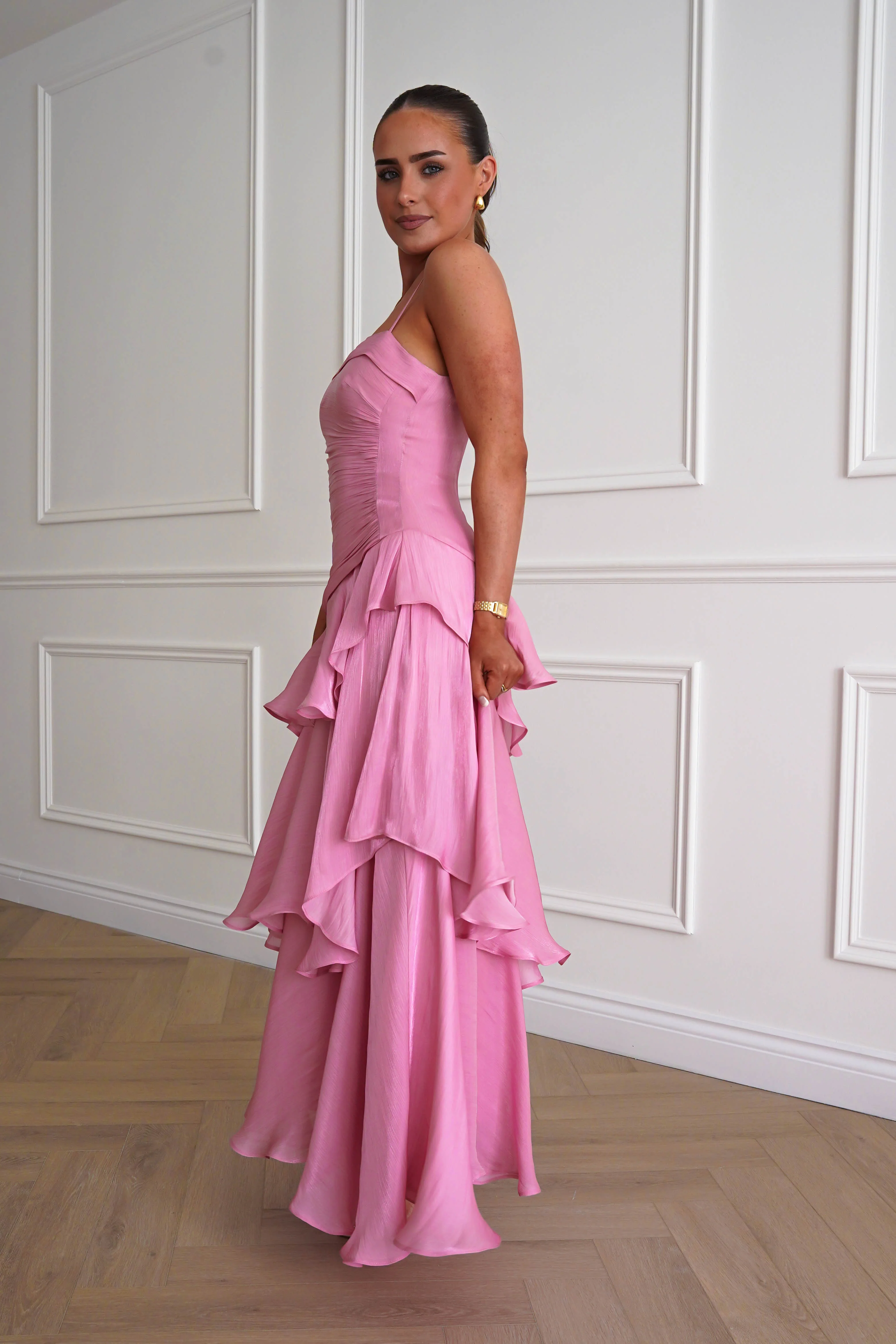 Renee Luminescent Ruffle Maxi Dress | Pink