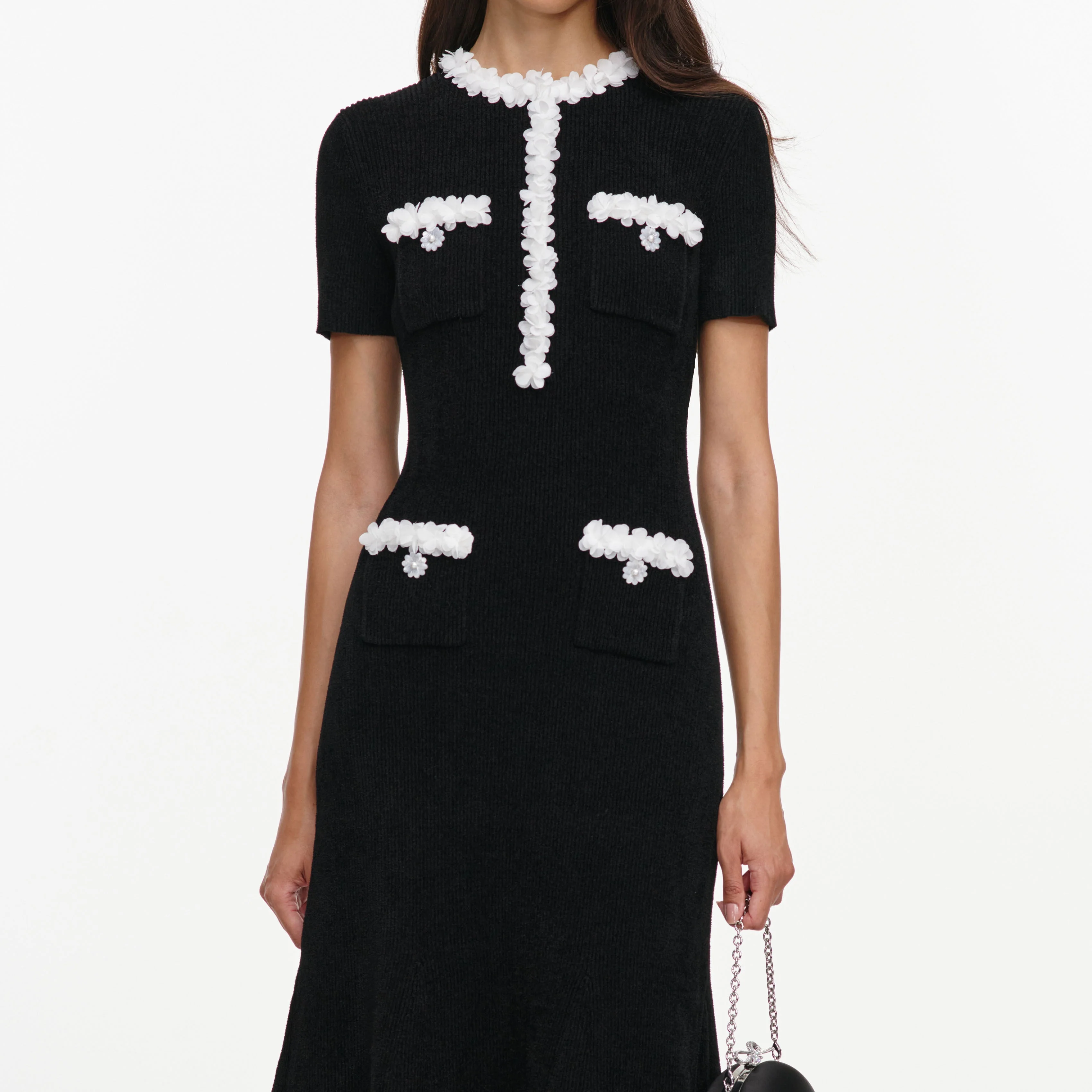 Black Chenille Knit Flower Trim Midi Dress