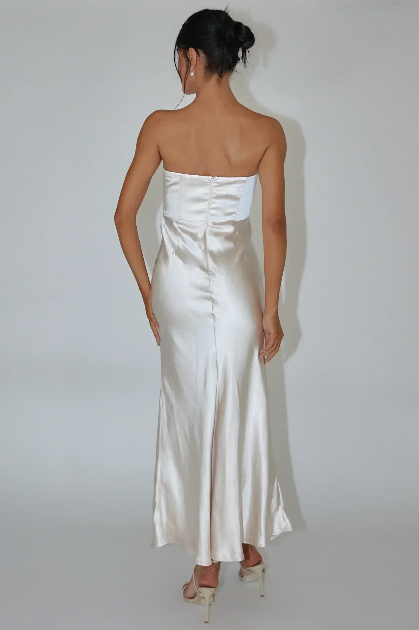 Encore Strapless Satin Maxi Dress Champagne