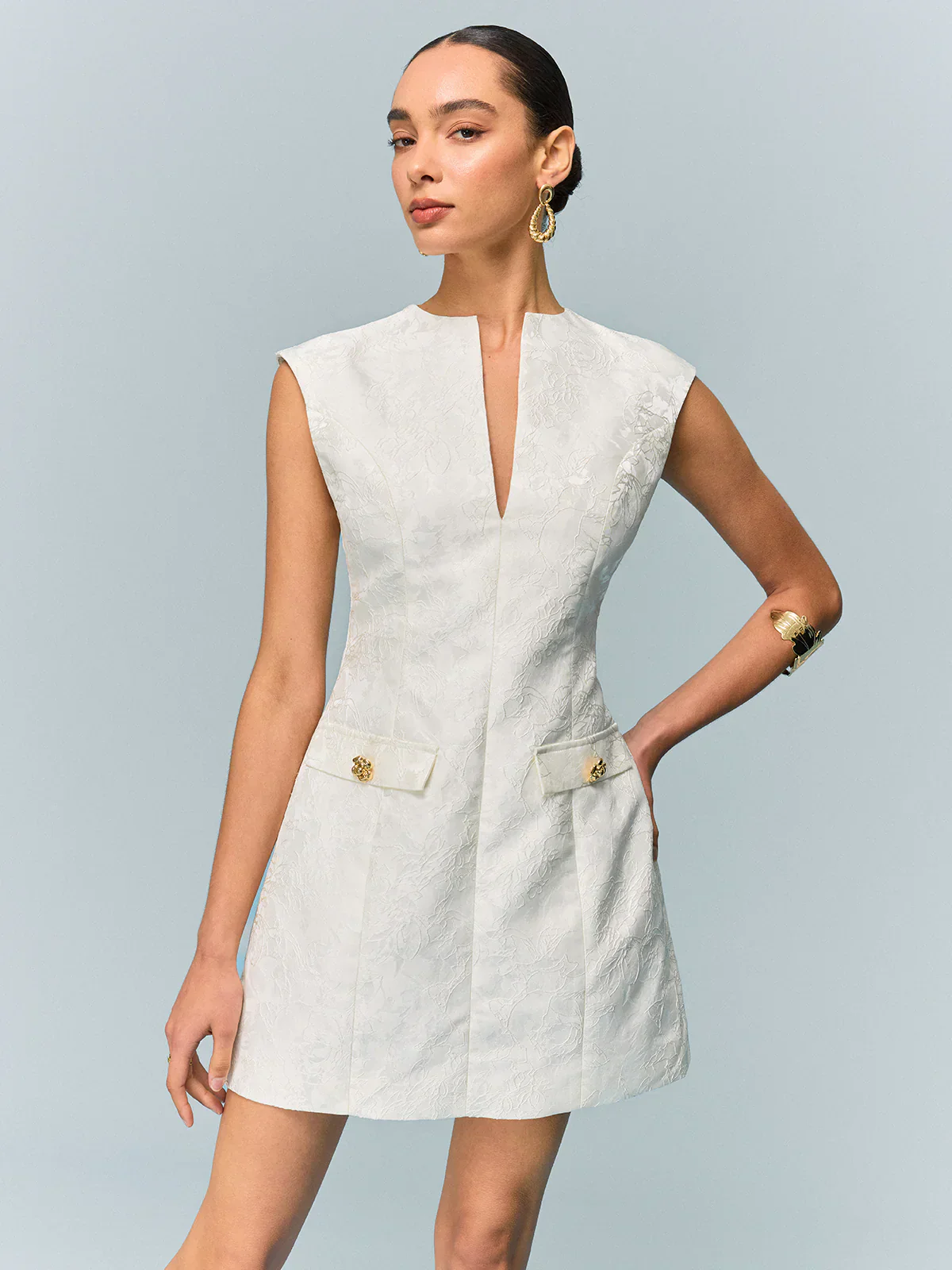 Pocketed Textured Mini Dress with Metal Button - luluinthesky