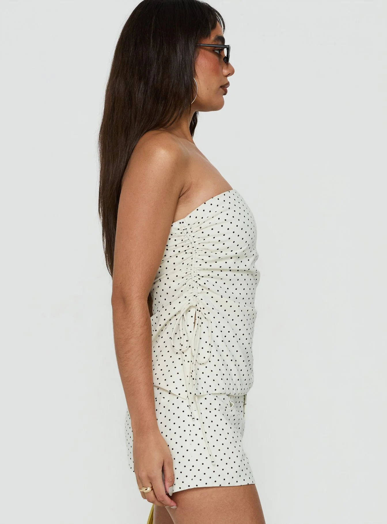 Defined Strapless Gathered Linen Blend Top Cream Polka Dot