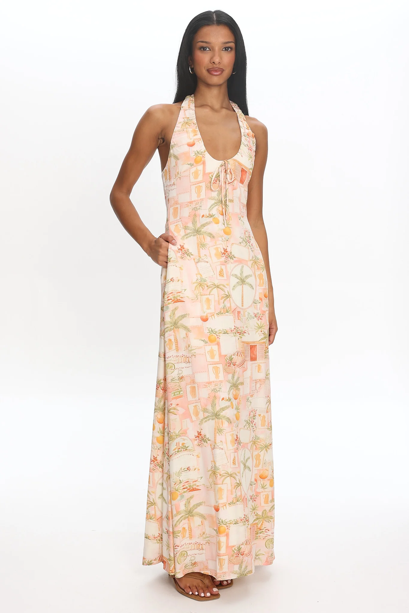 Golden Hour Beach Halterneck Maxi Dress Print Apricot - luluinthesky