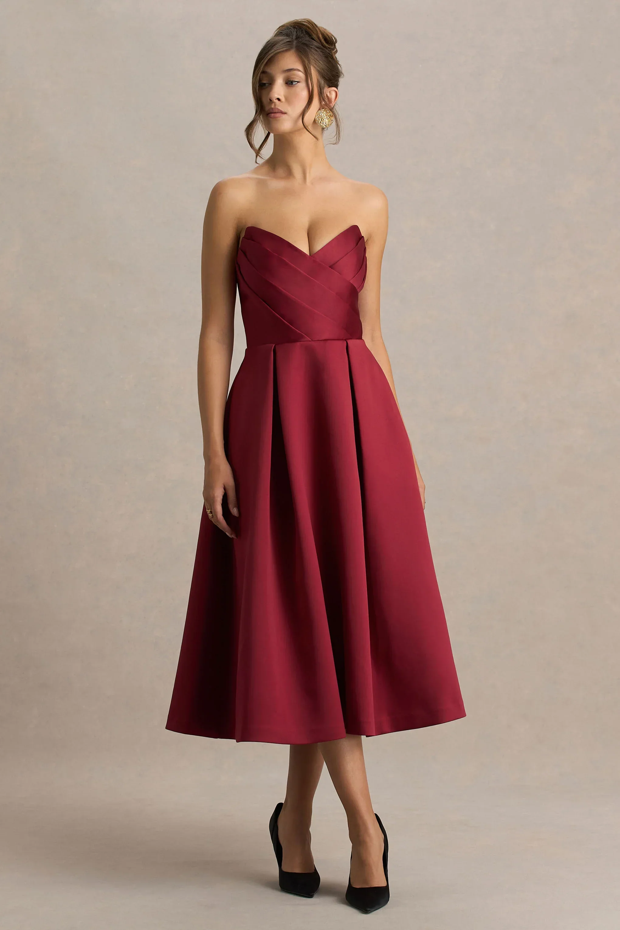 Promises | Red Satin Sweetheart-Neck Midi Dress