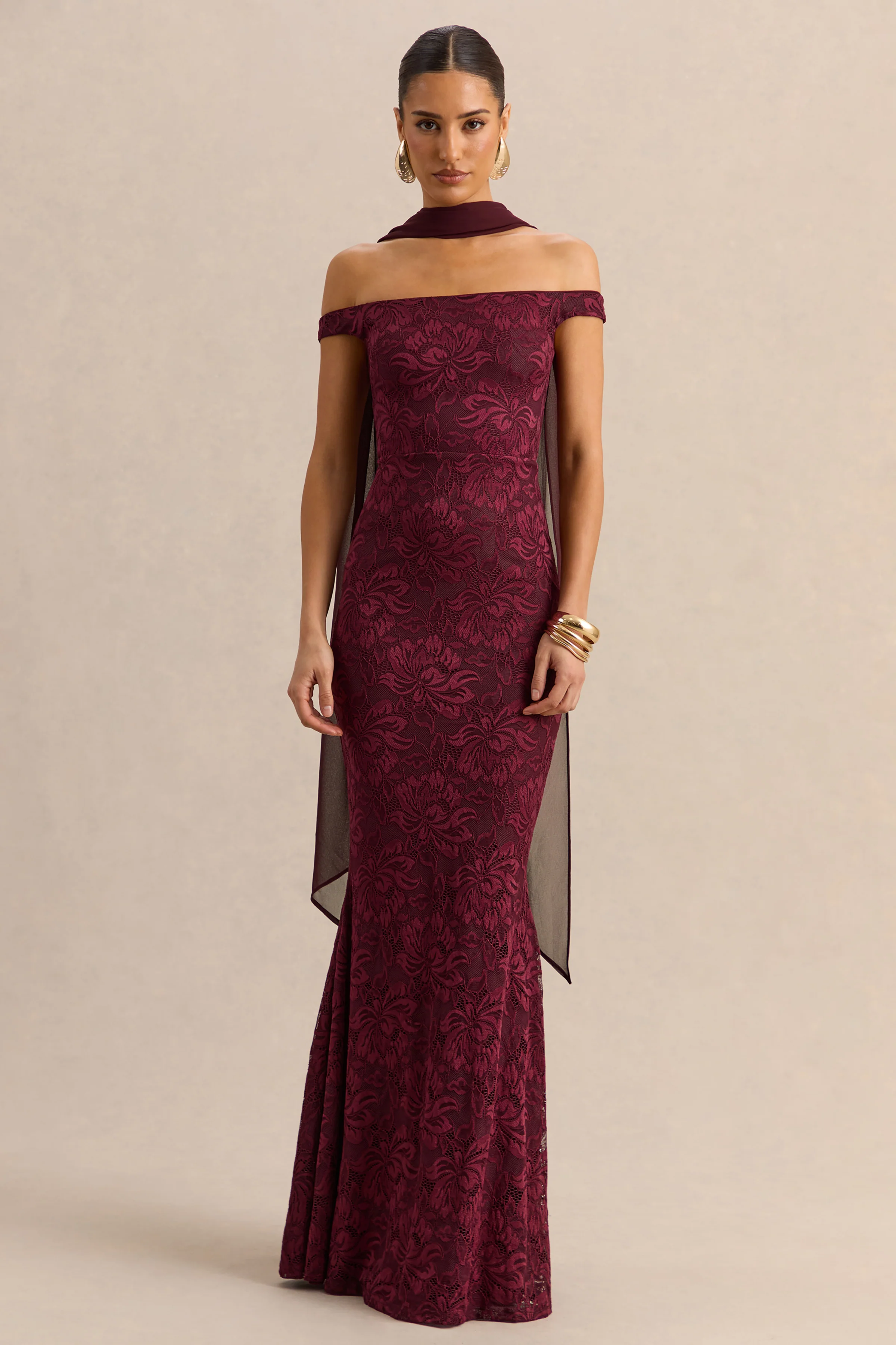 Iselle | Burgundy Lace Bardot-Neck Maxi Dress With Scarf-Detail